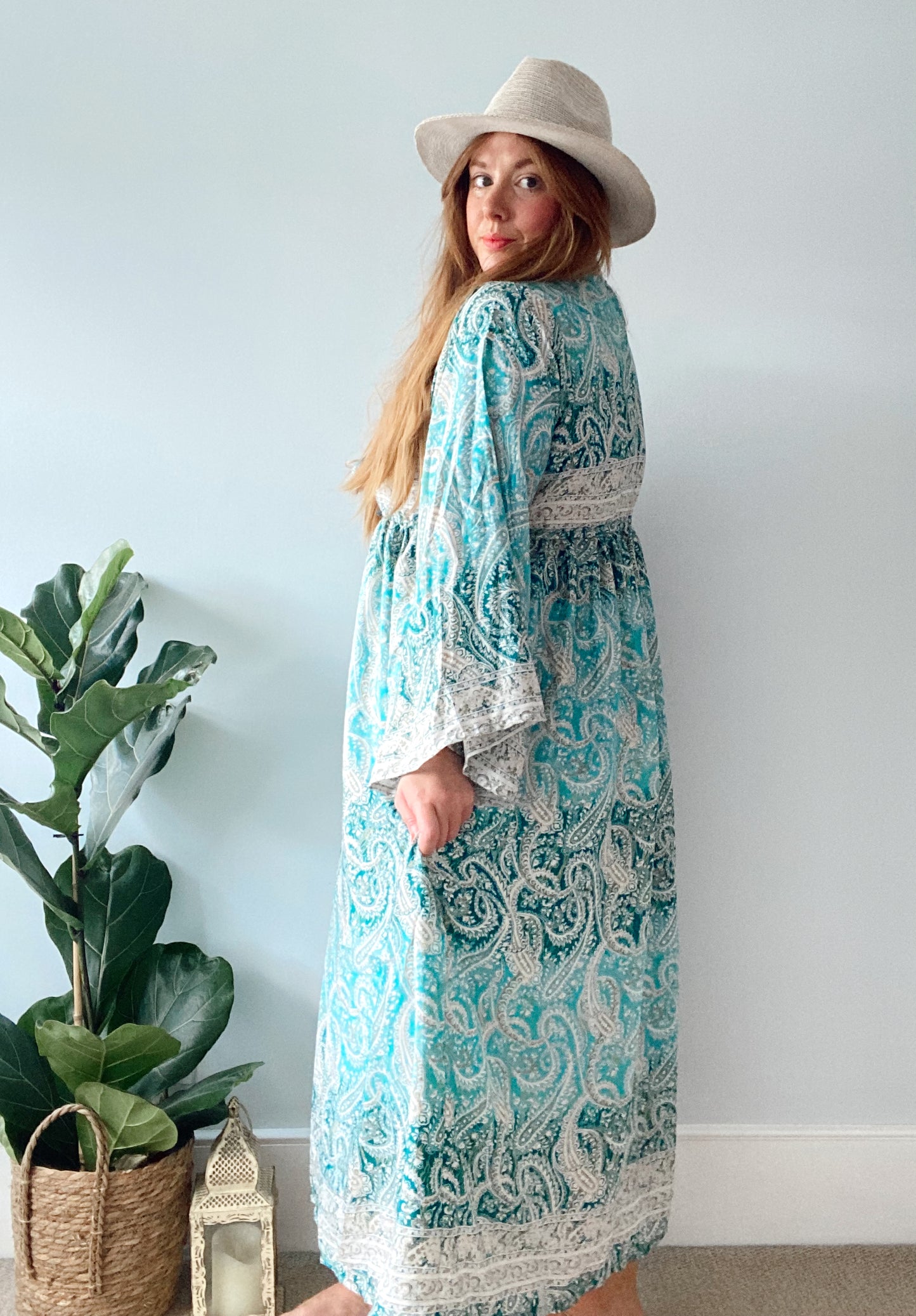 Nova blue green paisley boho silk dress
