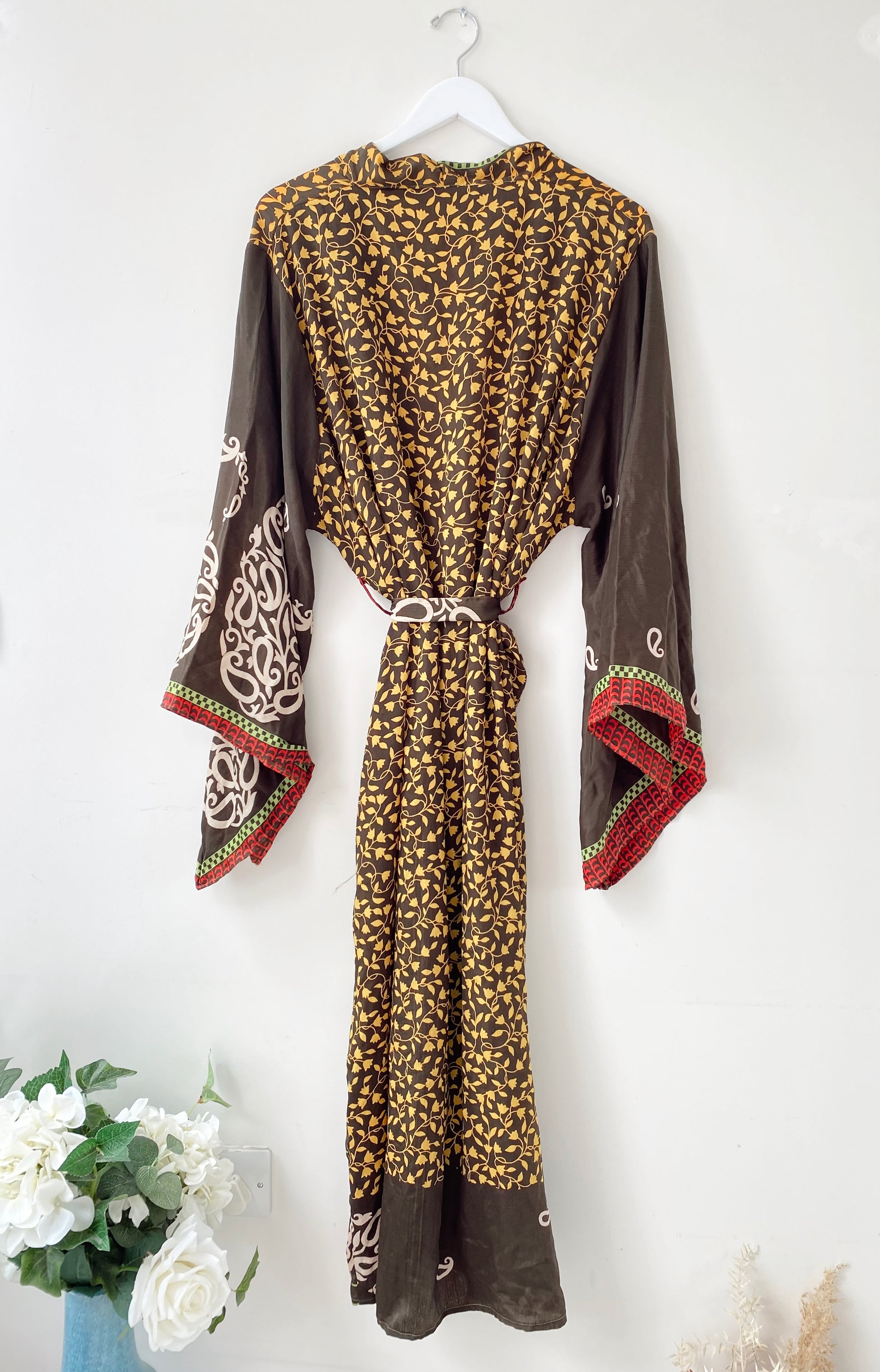 Laurel black printed recycled-silk free-size kimono//robe UK 8-16KIMONO