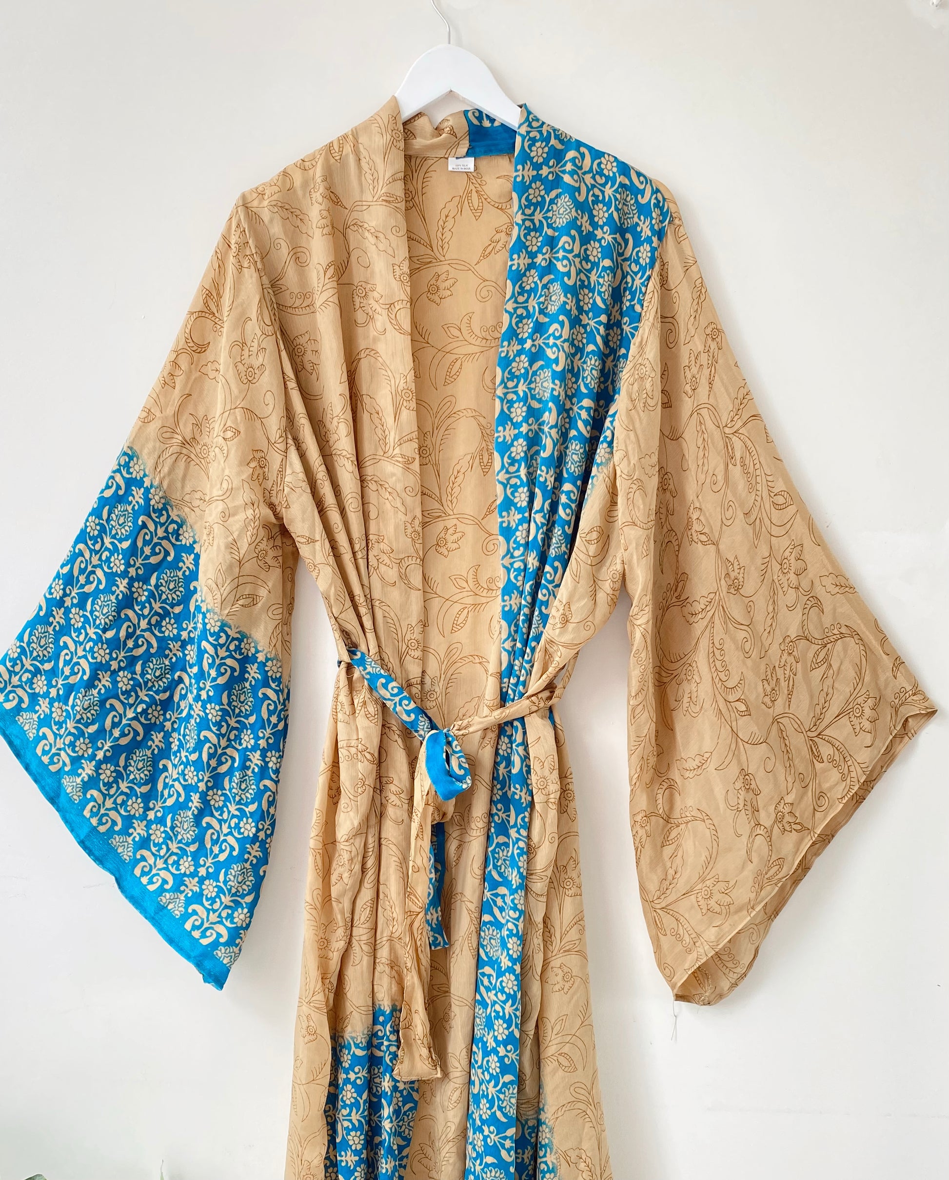 Laurel blue/beige print recycled-silk free-size kimono//robe UK 8-16KIMONO