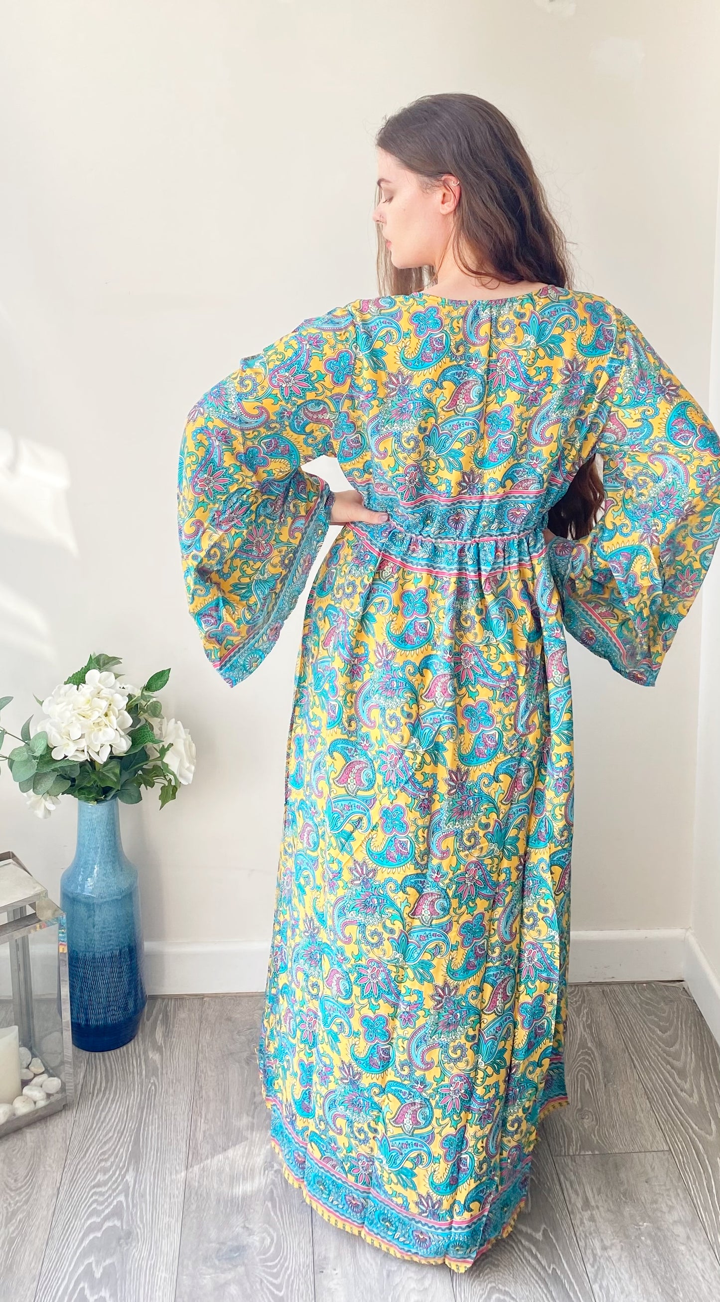 Nova yellow turquoise floral print silk maxi dress free size UK8-16
