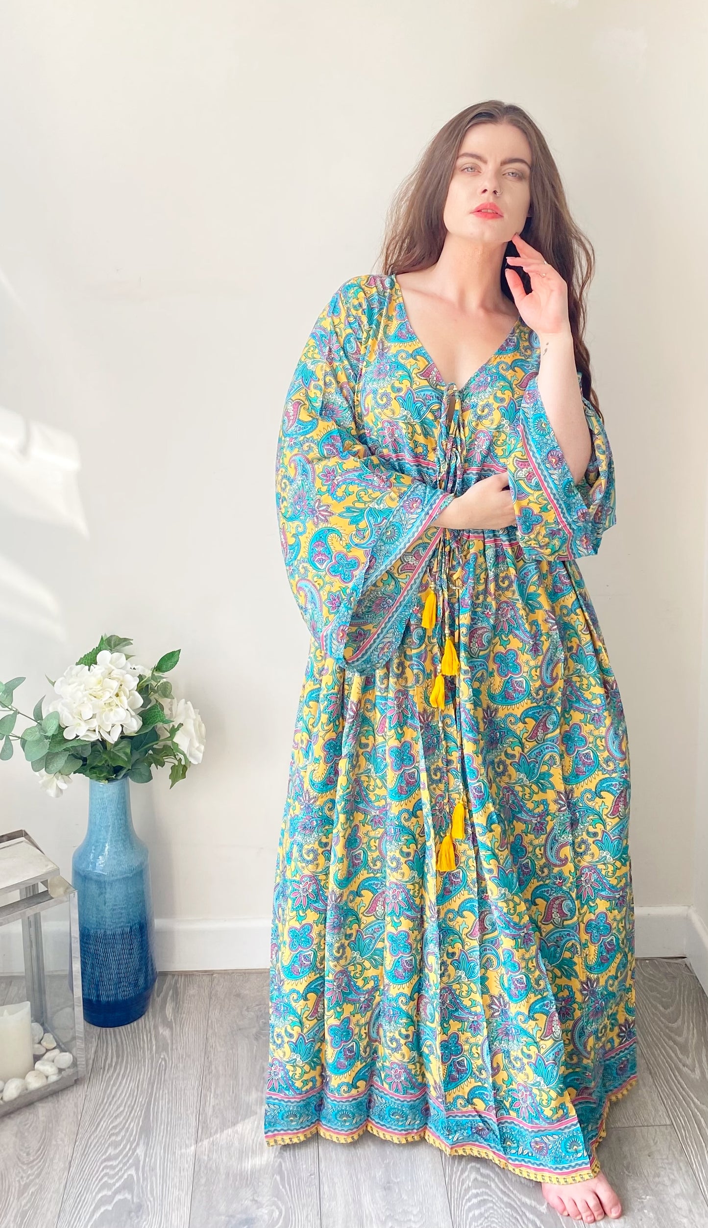 Nova yellow turquoise floral print silk maxi dress free size UK8-16
