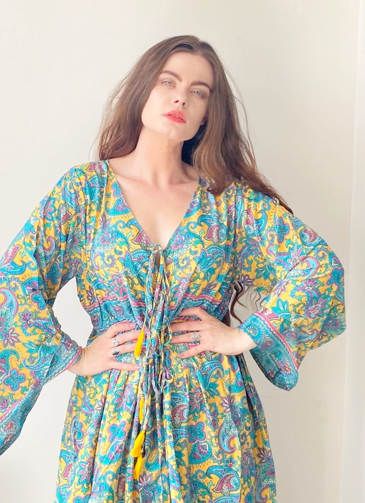 Nova yellow turquoise floral print silk maxi dress free size UK8-16