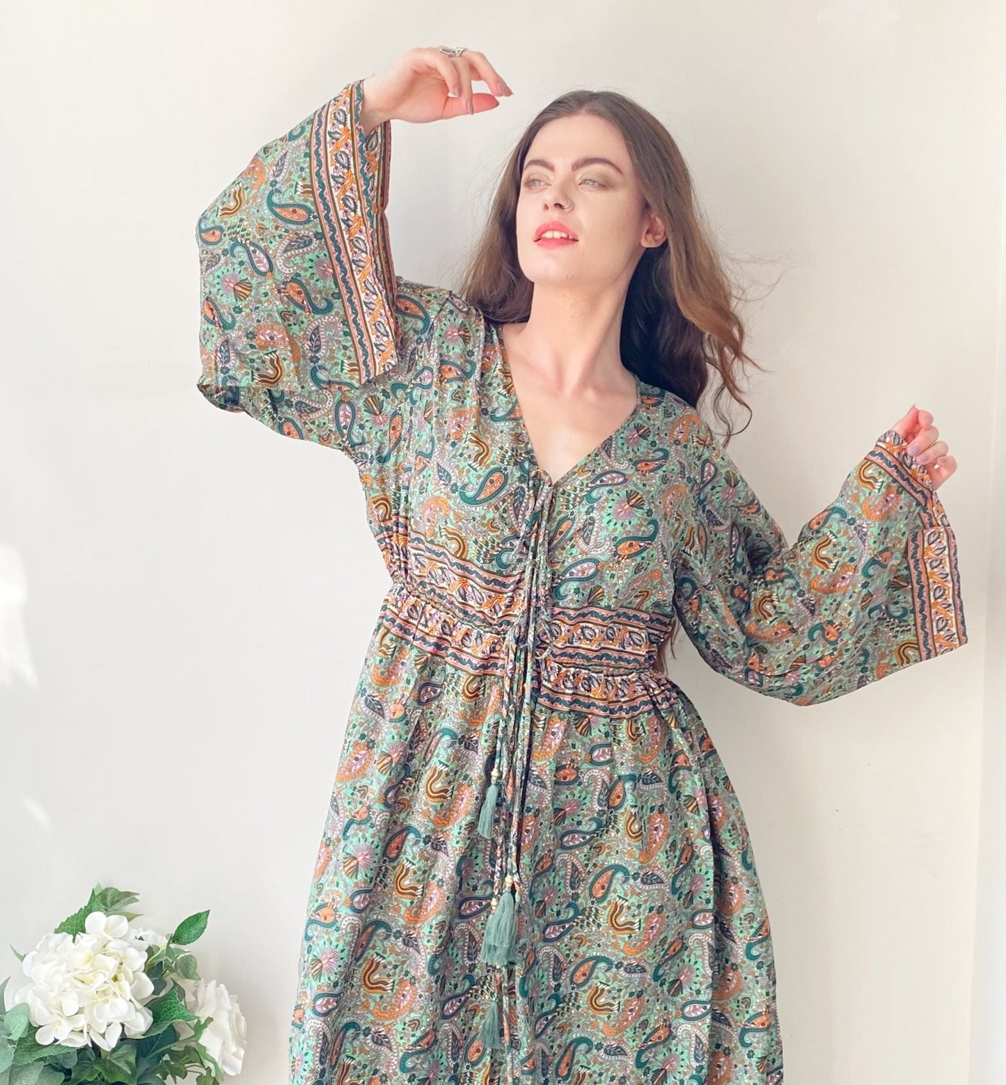 Nova green paisley-print silk maxi dress free size UK8-16