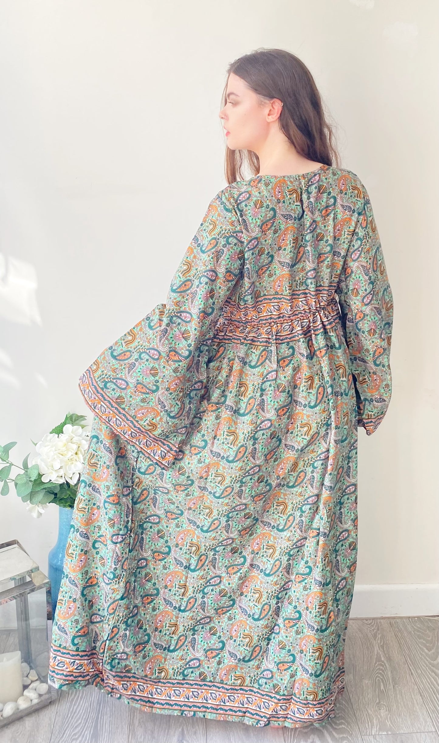Nova green paisley-print silk maxi dress free size UK8-16