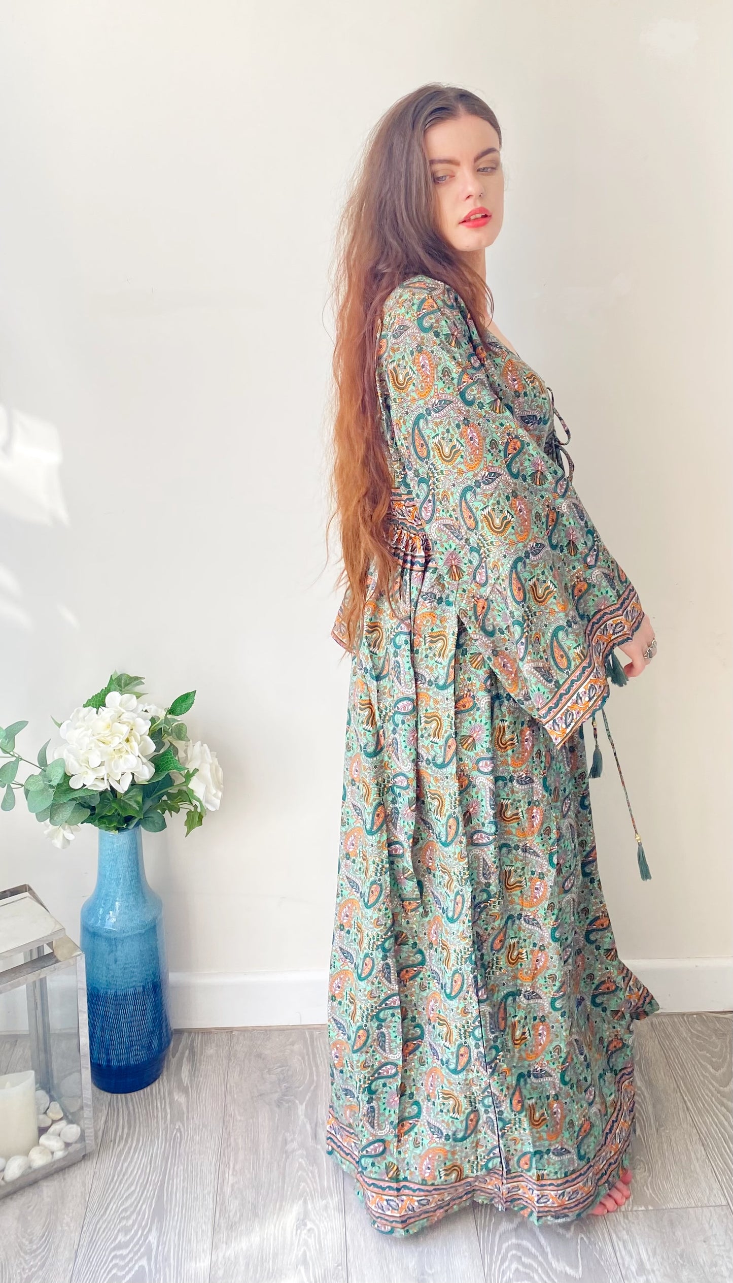 Nova green paisley-print silk maxi dress free size UK8-16