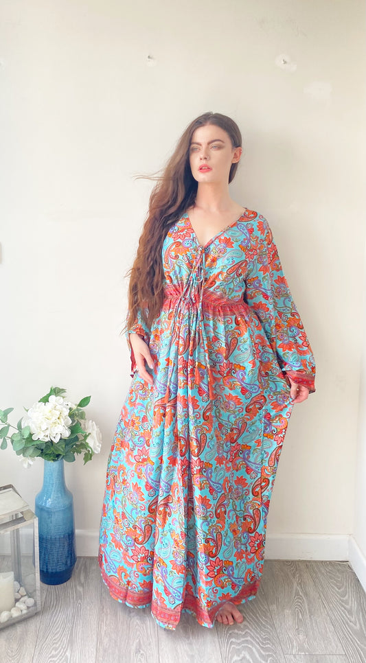 Nova blue red floral print silk maxi dress free size UK8-16DRESSES