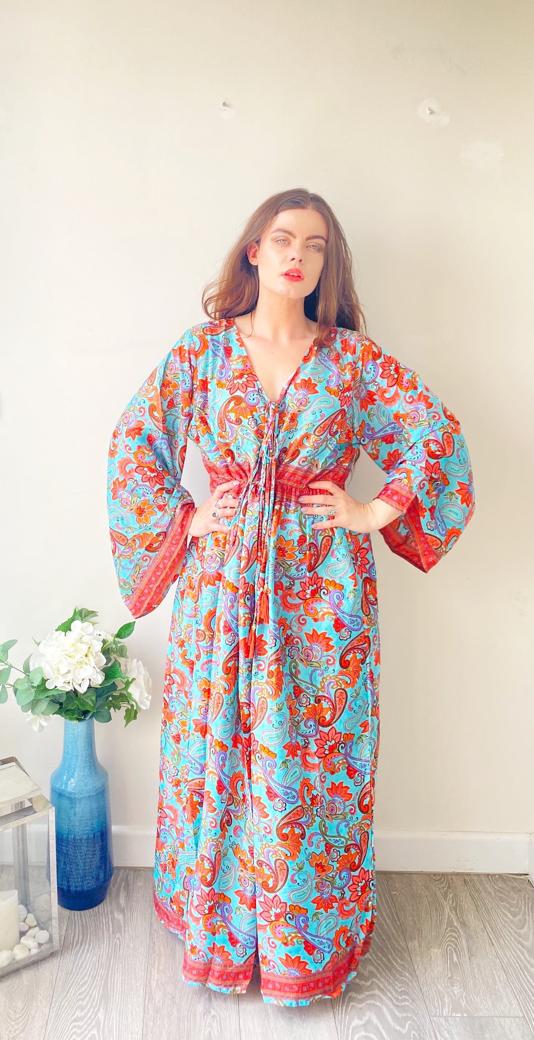 Nova blue red floral print silk maxi dress free size UK8-16DRESSES