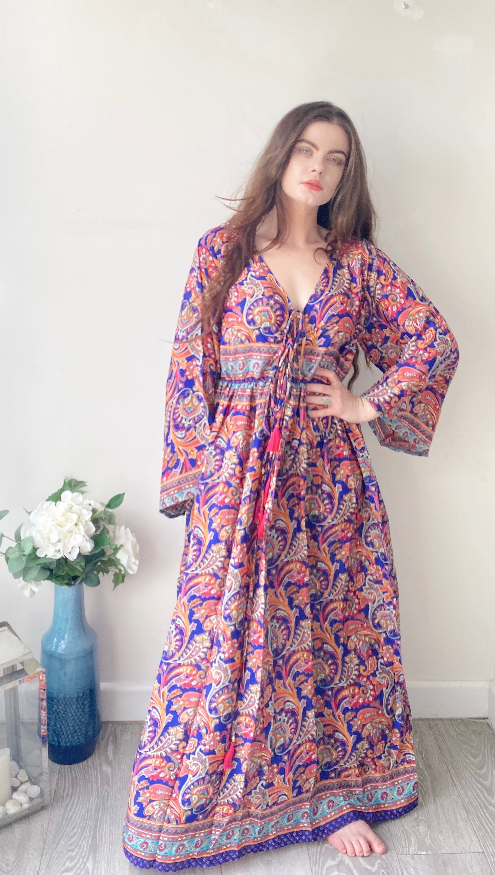 Nova navy red paisley-print silk maxi dress free size UK8-16DRESSES