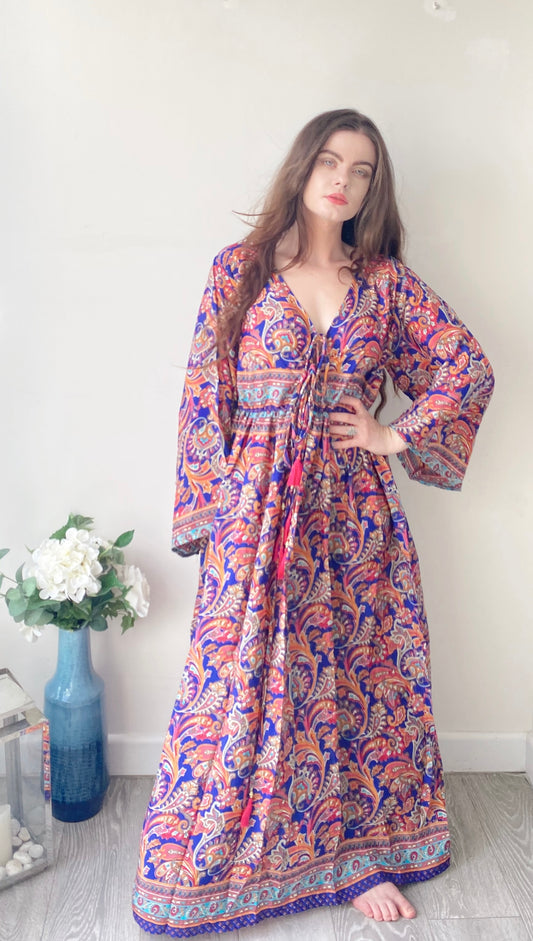 Nova navy red paisley-print silk maxi dress free size UK8-16DRESSES