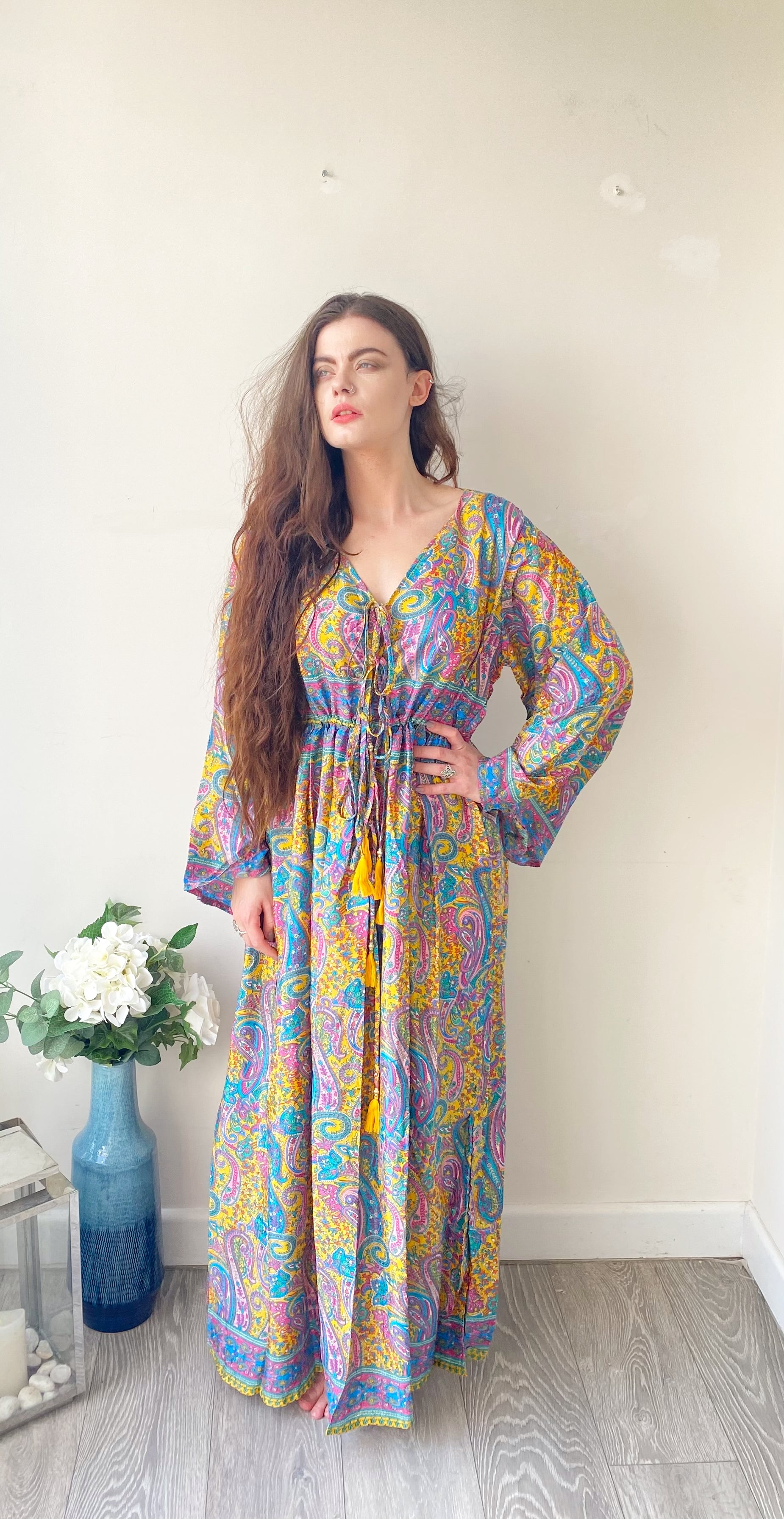 Nova lilac yellow blue paisley-print silk maxi dress free size UK8-16DRESSES