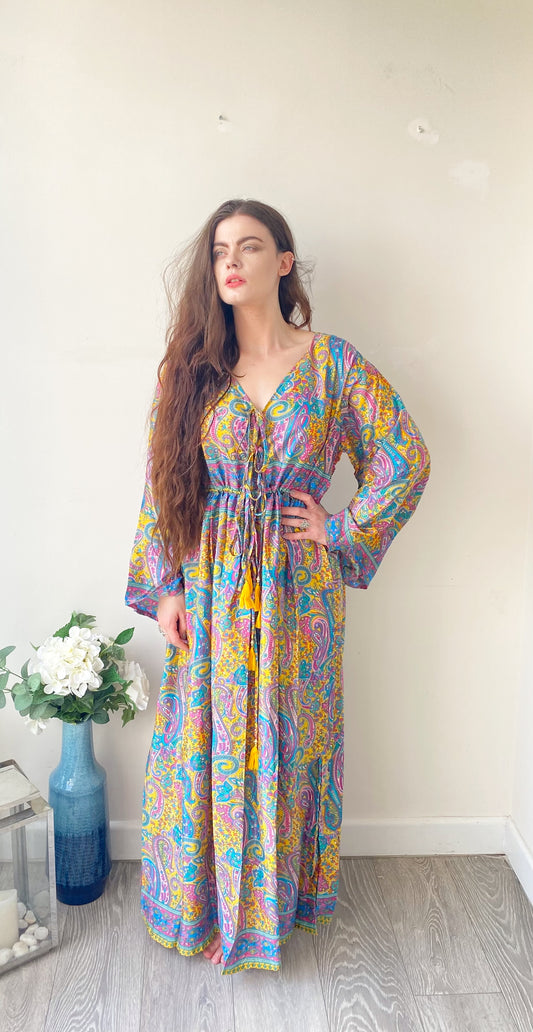 Nova lilac yellow blue paisley-print silk maxi dress free size UK8-16DRESSES