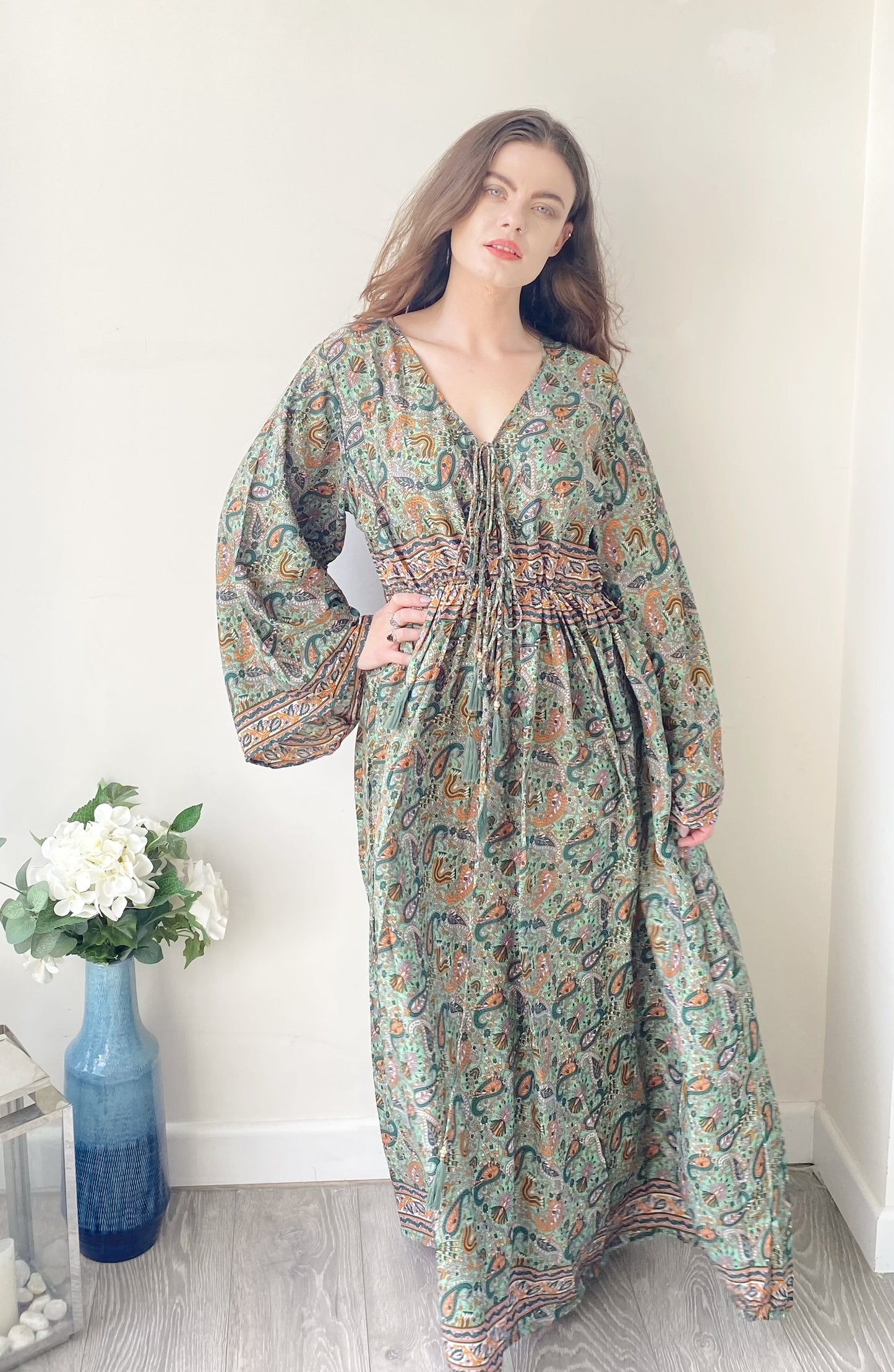 Nova green paisley-print silk maxi dress free size UK8-16