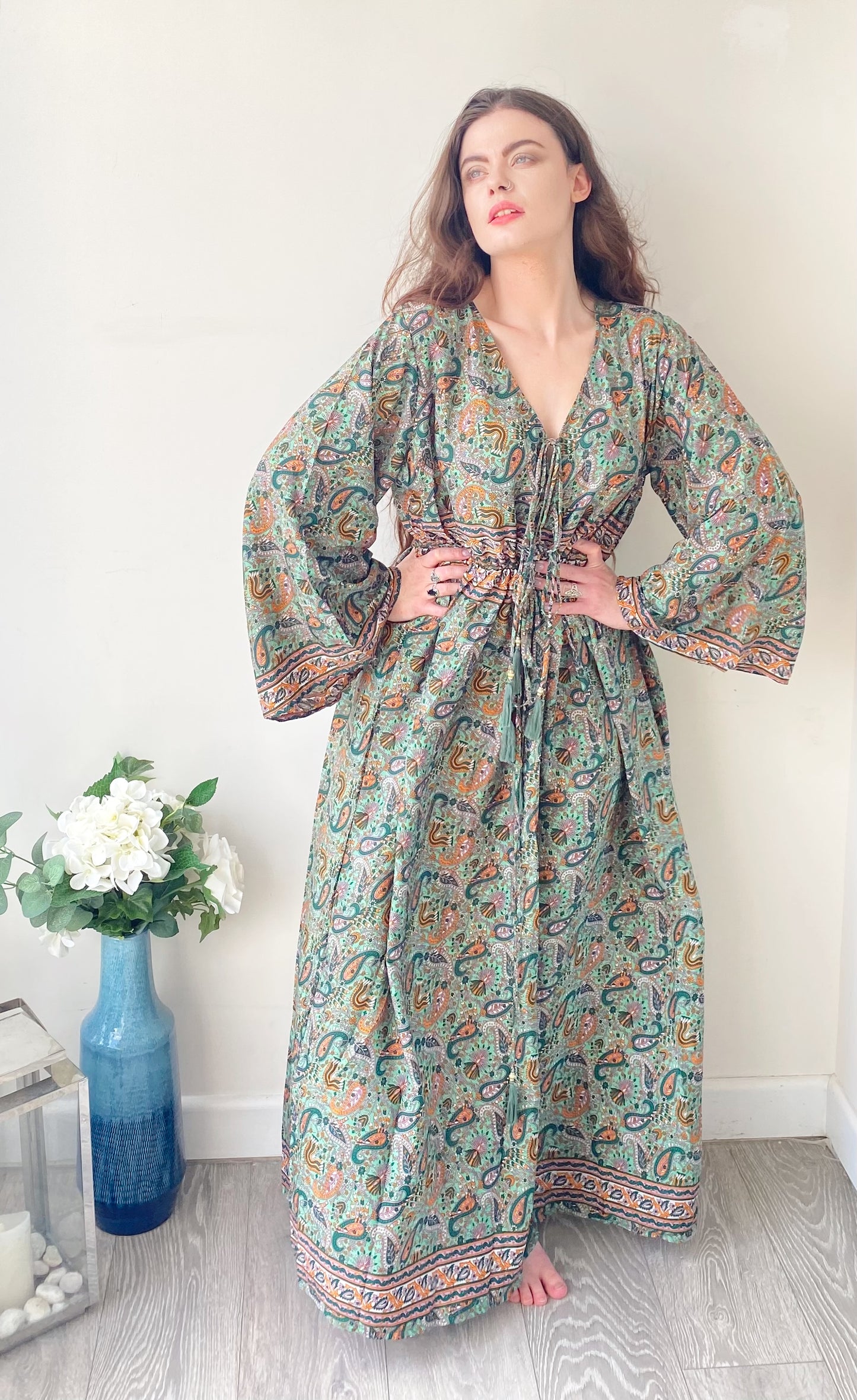 Nova green paisley-print silk maxi dress free size UK8-16