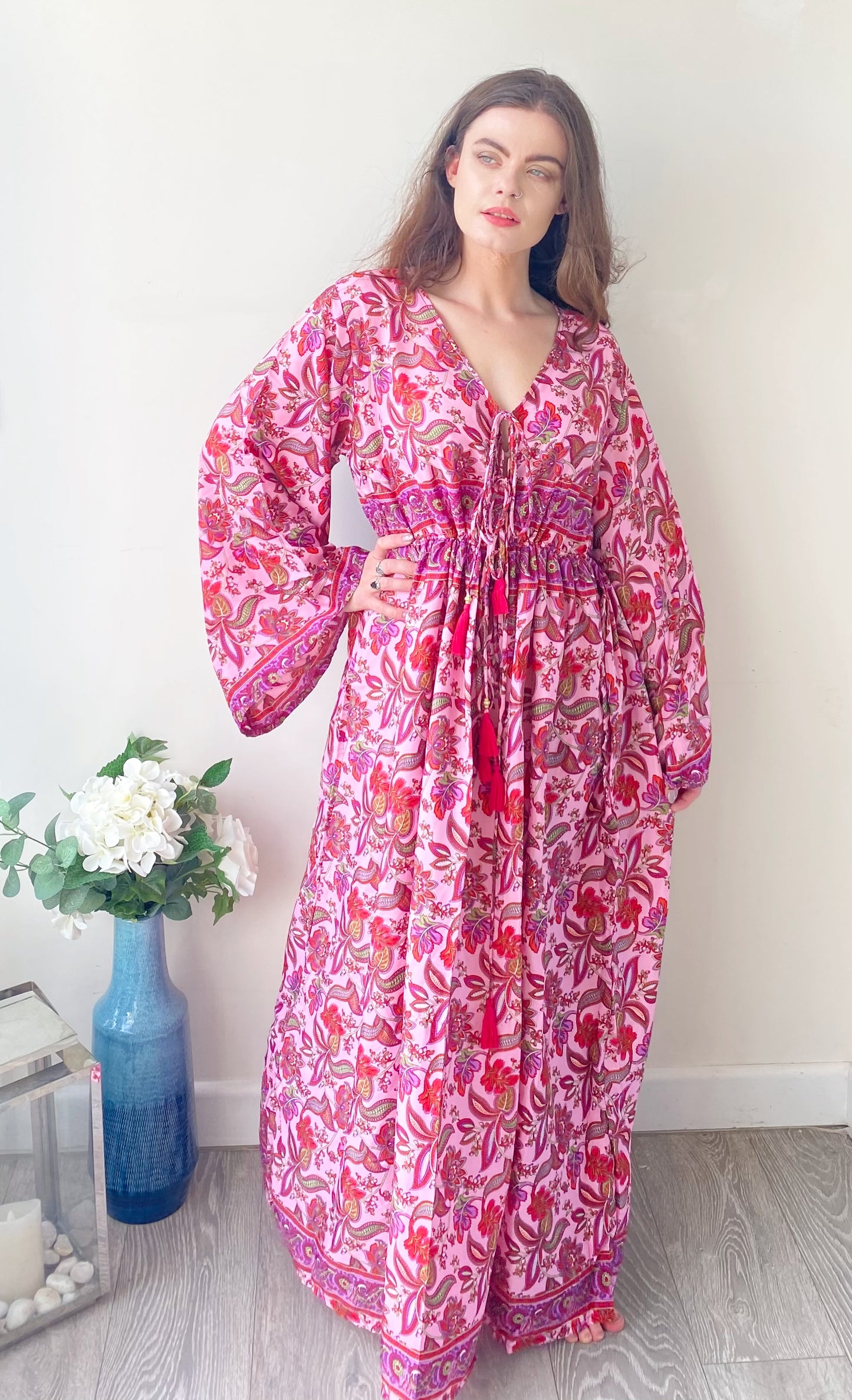 Nova pink floral-print silk maxi dress free size UK8-16