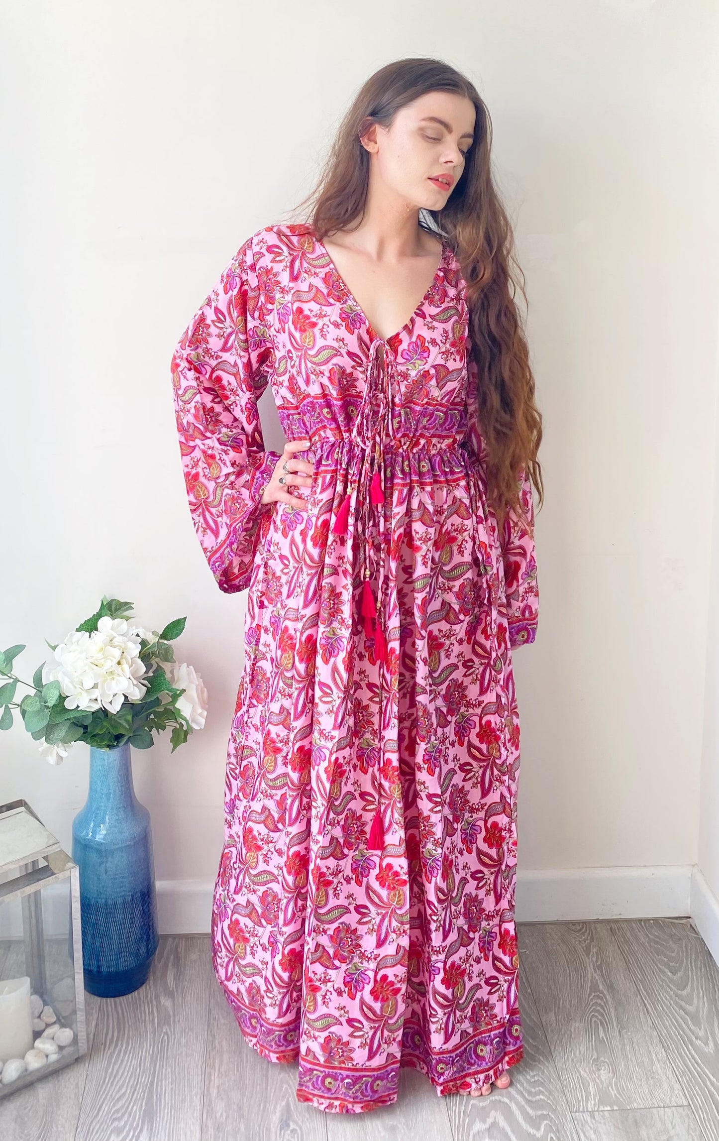 Nova pink floral-print silk maxi dress free size UK8-16
