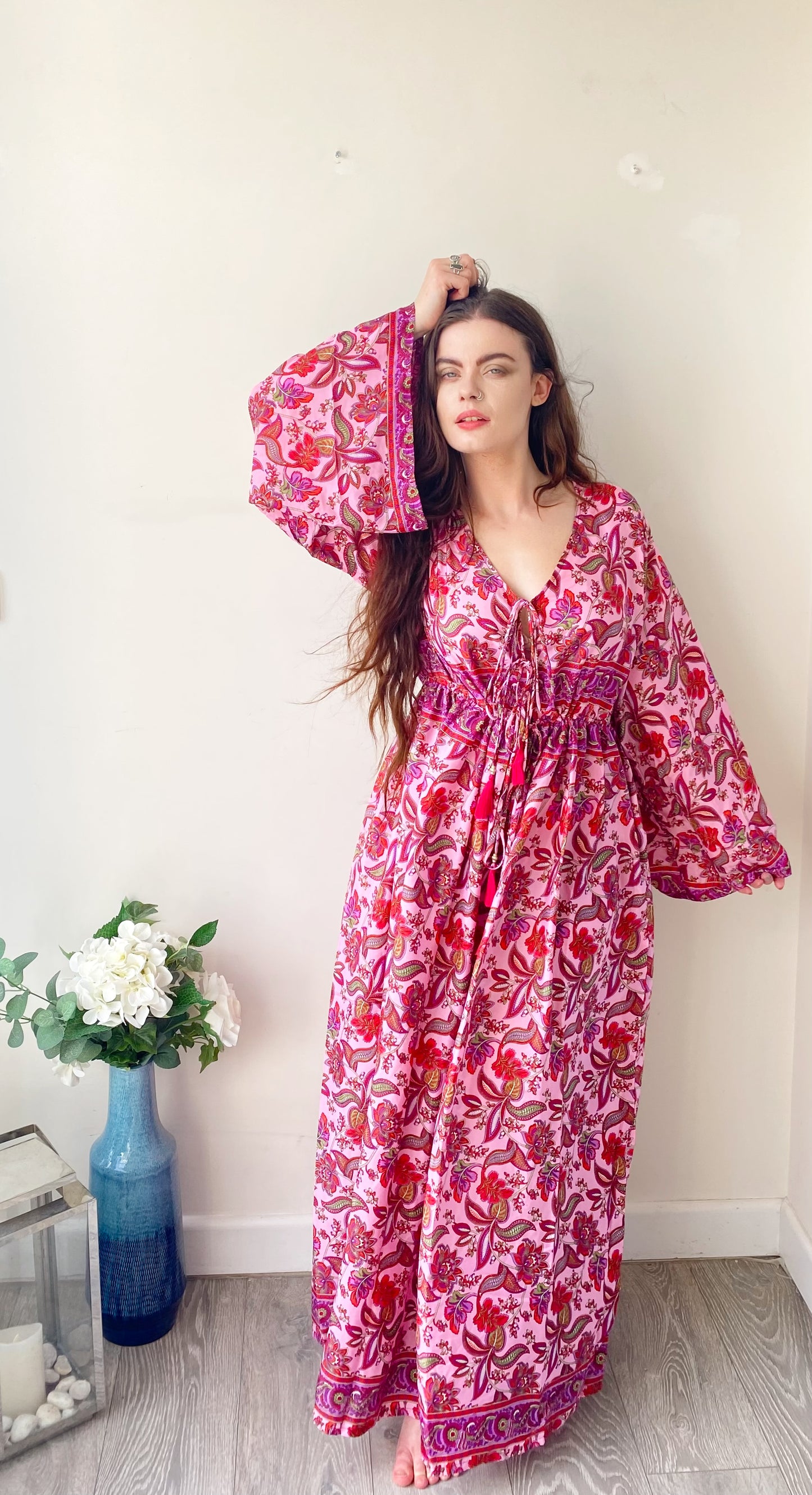 Nova pink floral-print silk maxi dress free size UK8-16