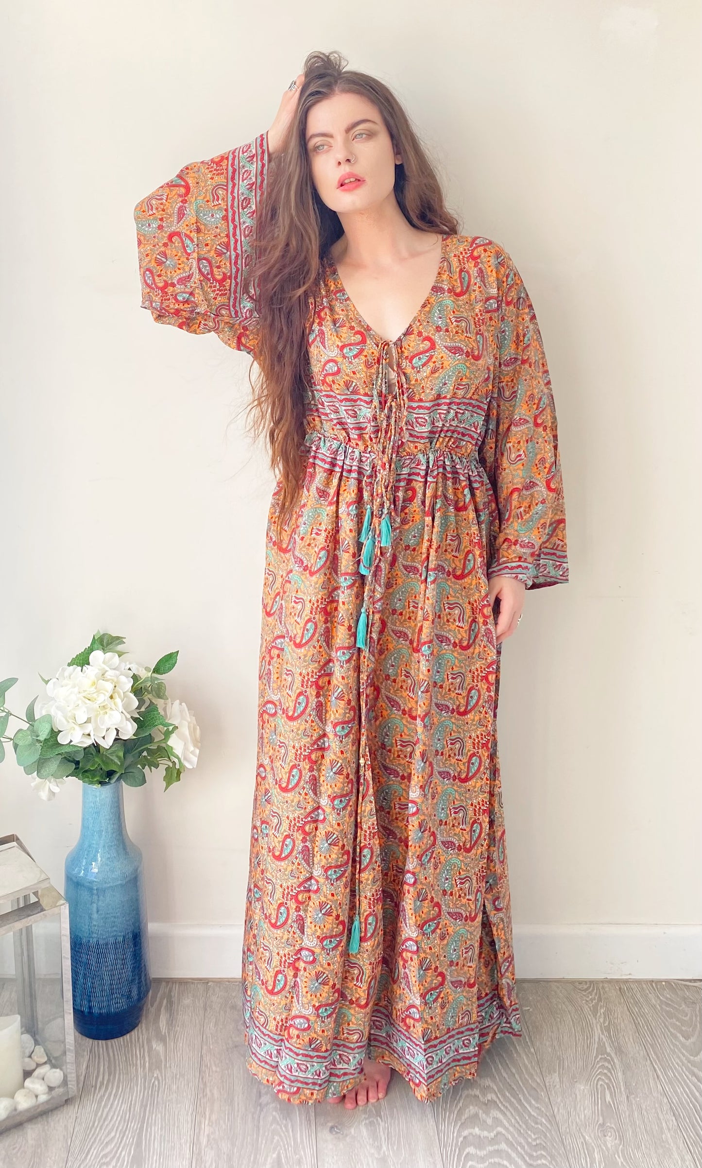 Nova peach red paisley-print silk maxi dress free size UK8-16