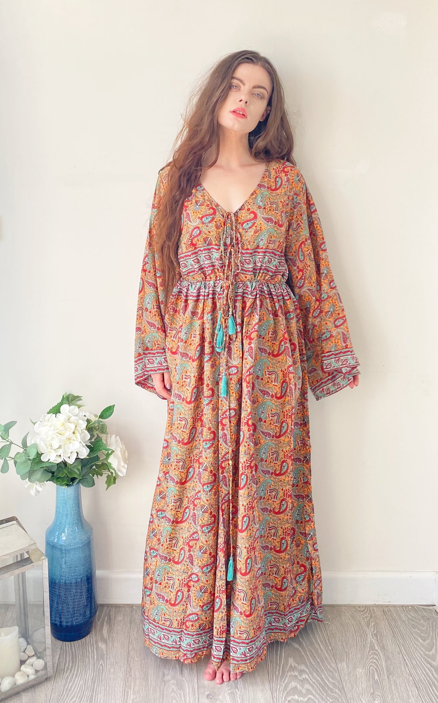 Nova peach red paisley-print silk maxi dress free size UK8-16