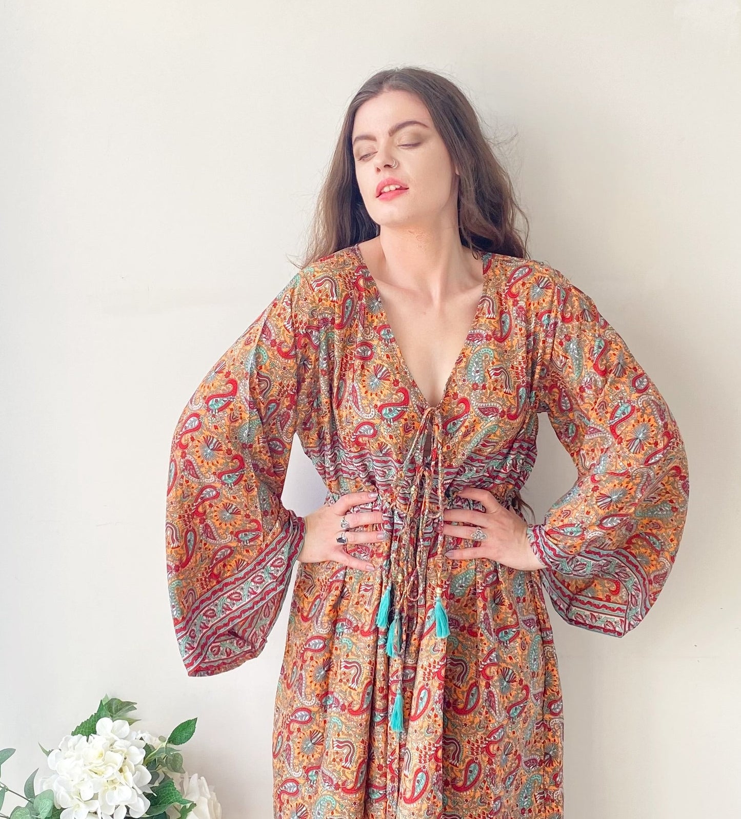 Nova peach red paisley-print silk maxi dress free size UK8-16