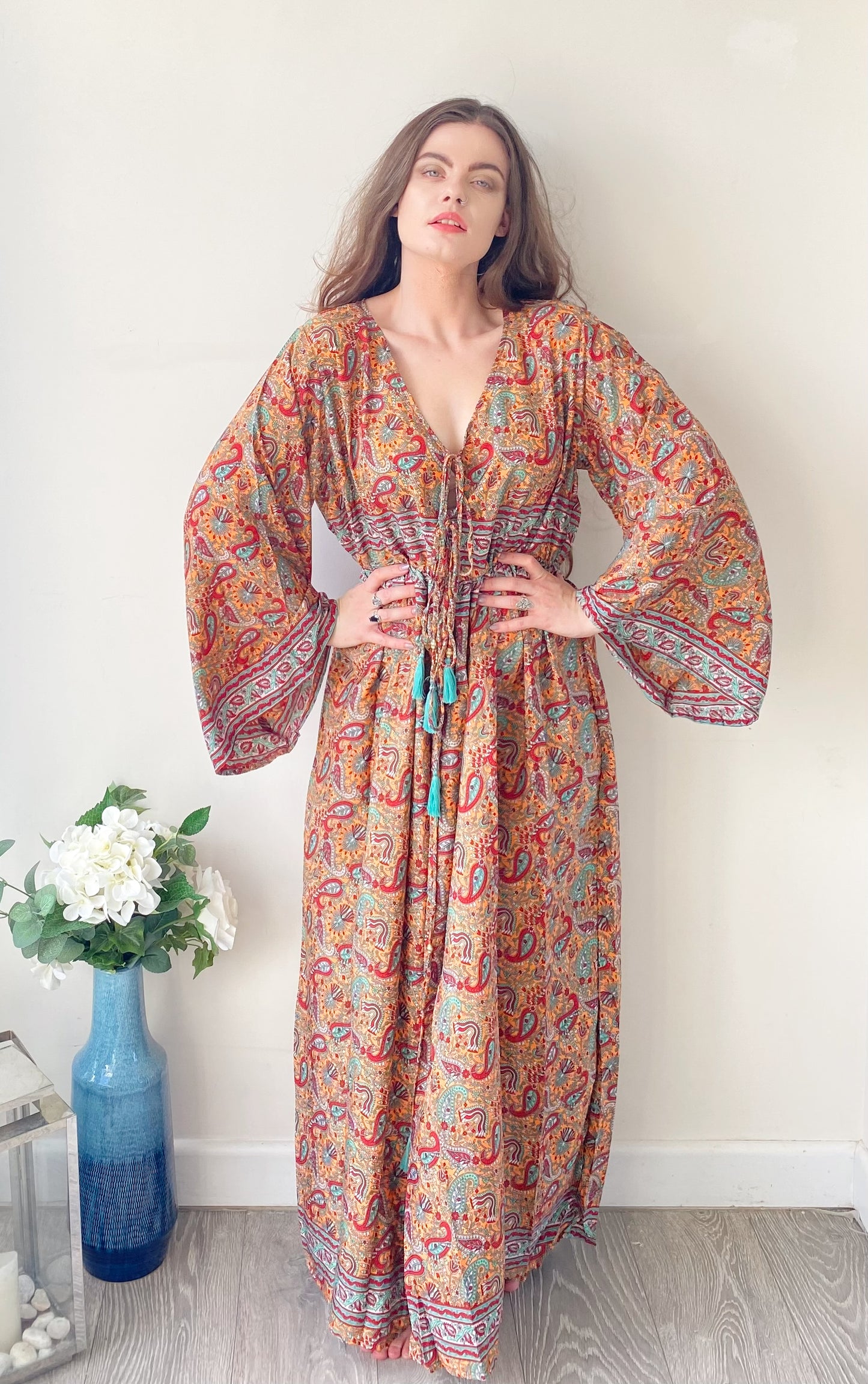 Nova peach red paisley-print silk maxi dress free size UK8-16