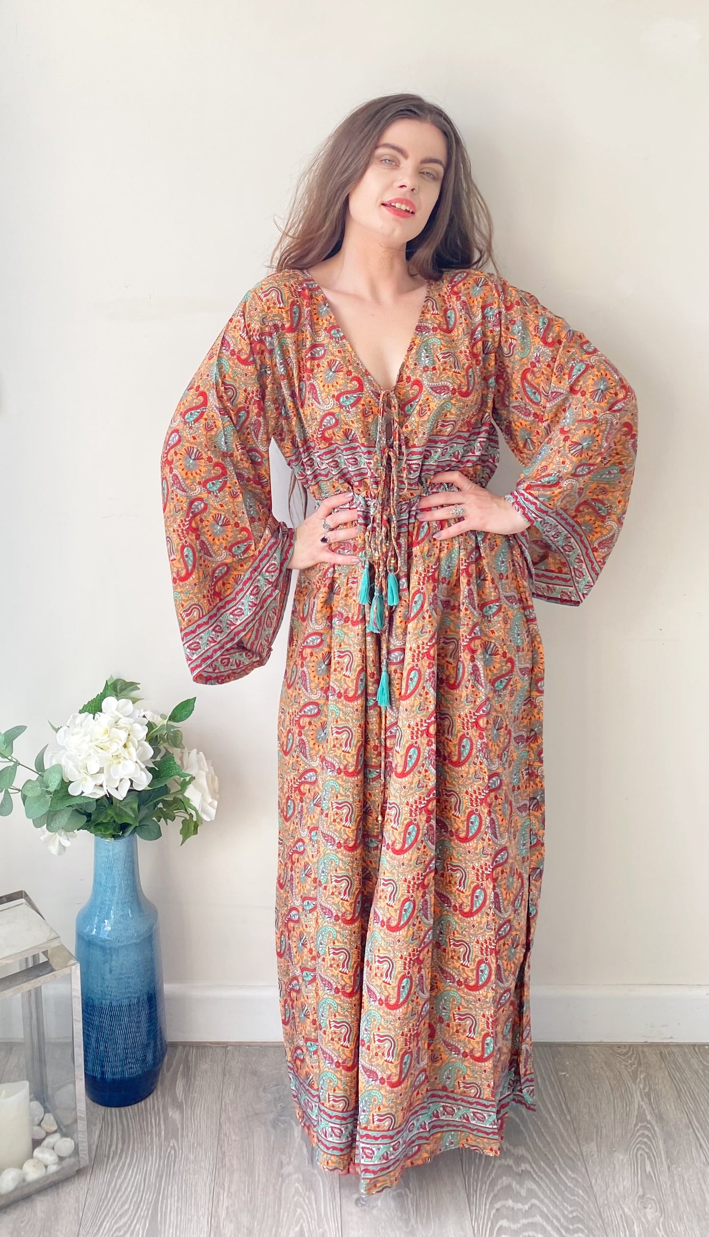 Nova peach red paisley-print silk maxi dress free size UK8-16