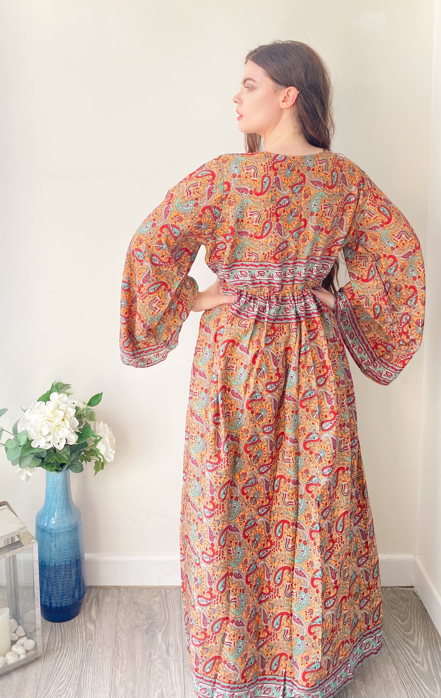 Nova peach red paisley-print silk maxi dress free size UK8-16