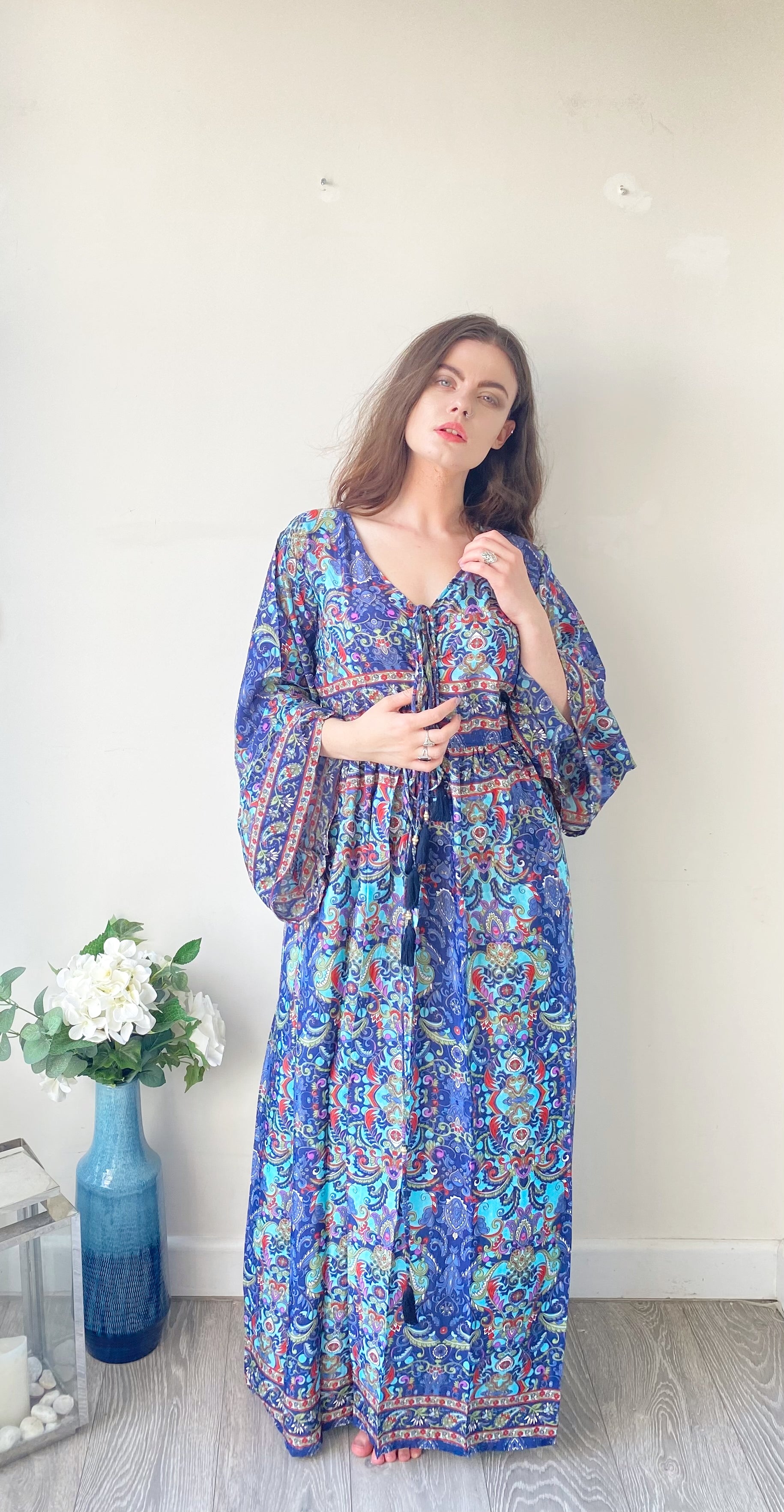 Nova red blue printed silk maxi dress free size UK8-16DRESSES