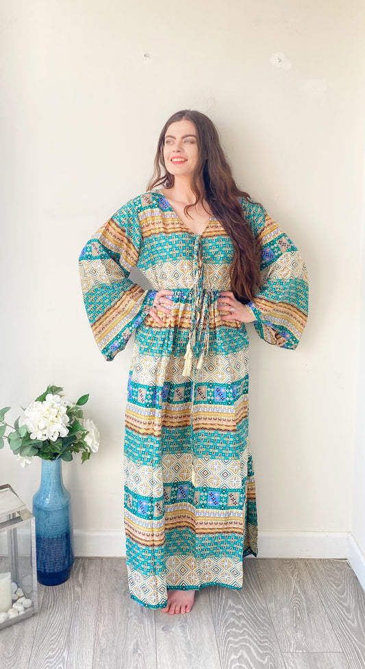 Nova green printed silk maxi dress free size UK8-16DRESSES