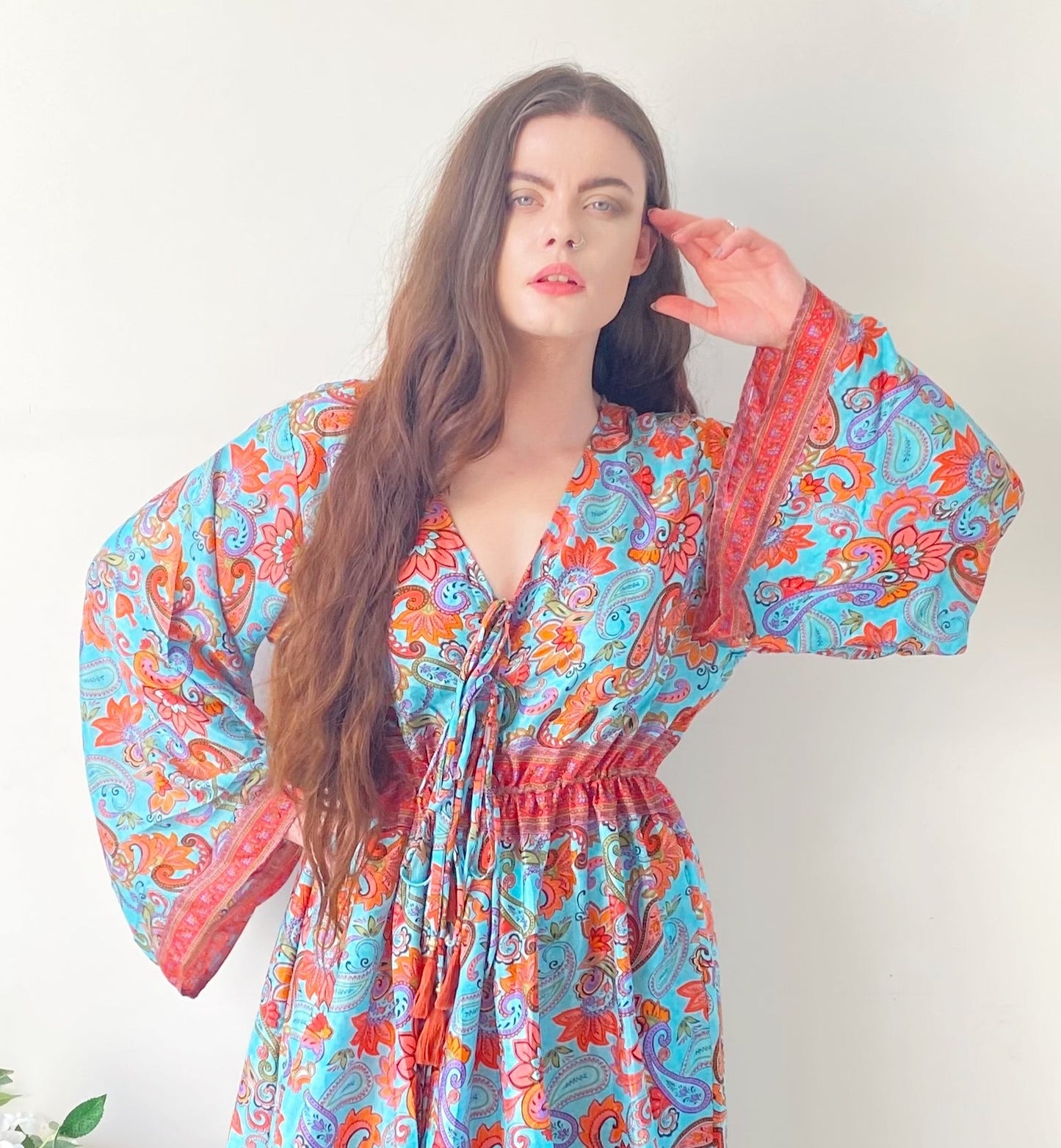 Nova blue red floral print silk maxi dress free size UK8-16DRESSES