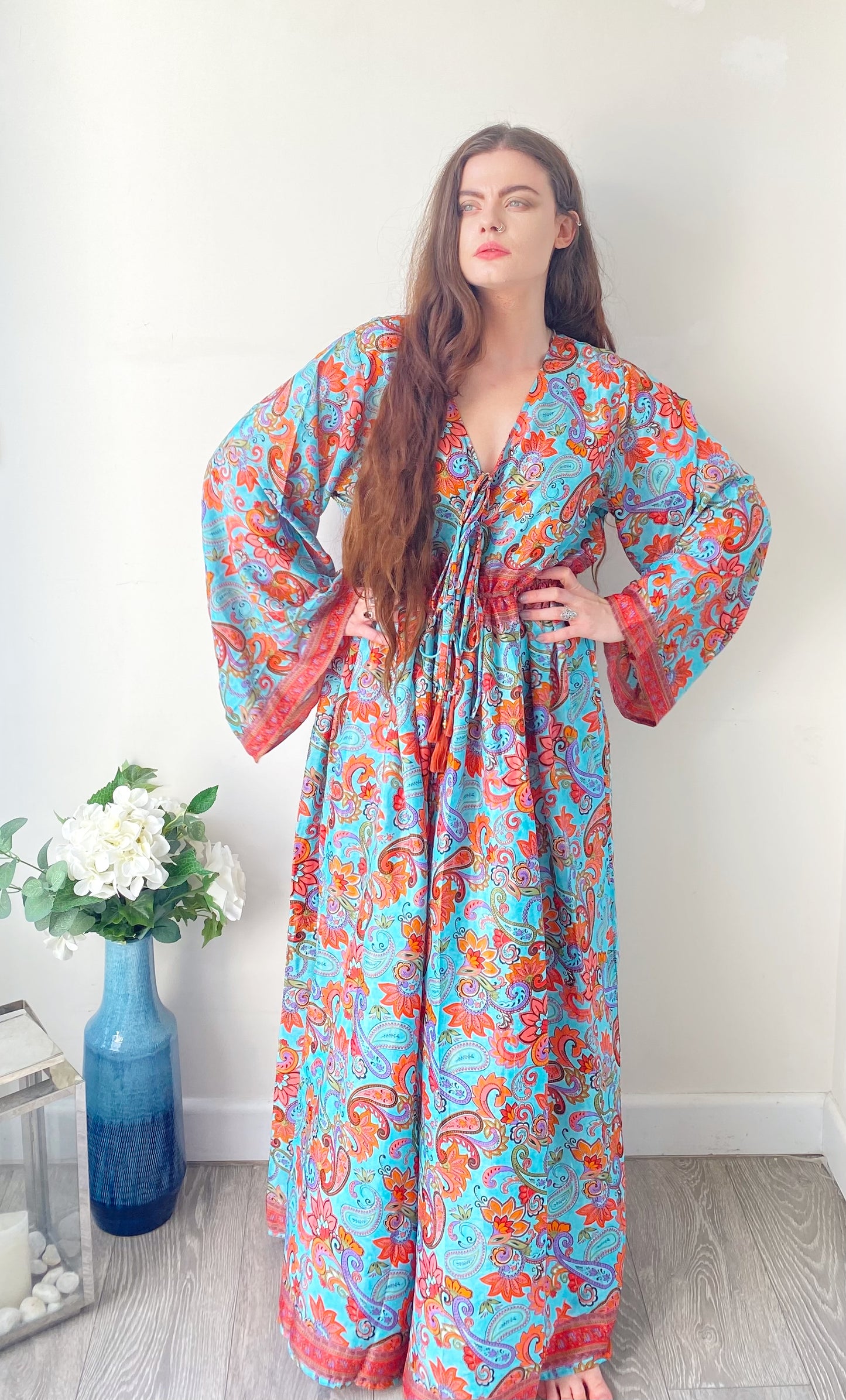 Nova blue red floral print silk maxi dress free size UK8-16DRESSES
