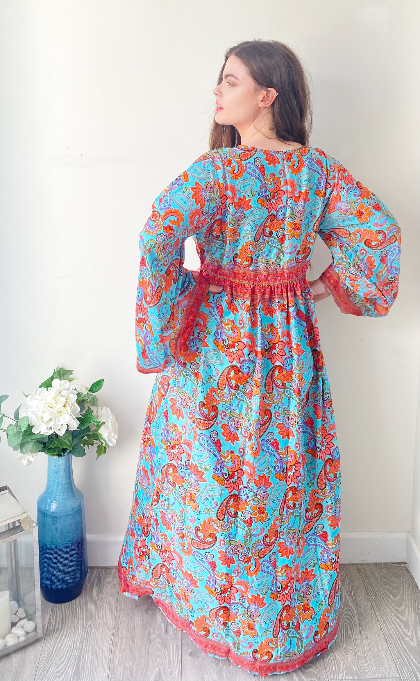 Nova blue red floral print silk maxi dress free size UK8-16DRESSES