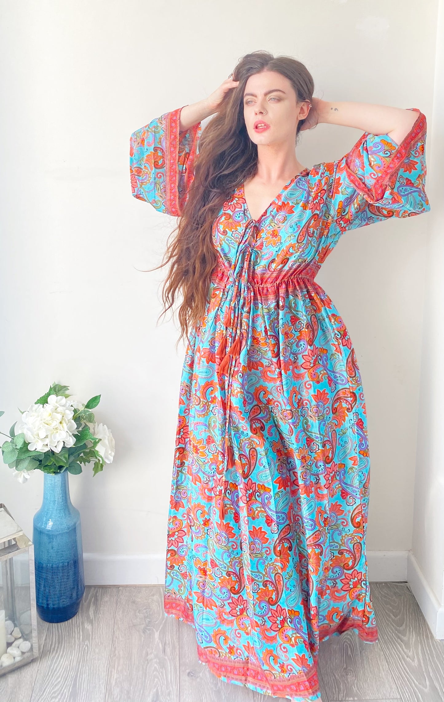 Nova blue red floral print silk maxi dress free size UK8-16DRESSES