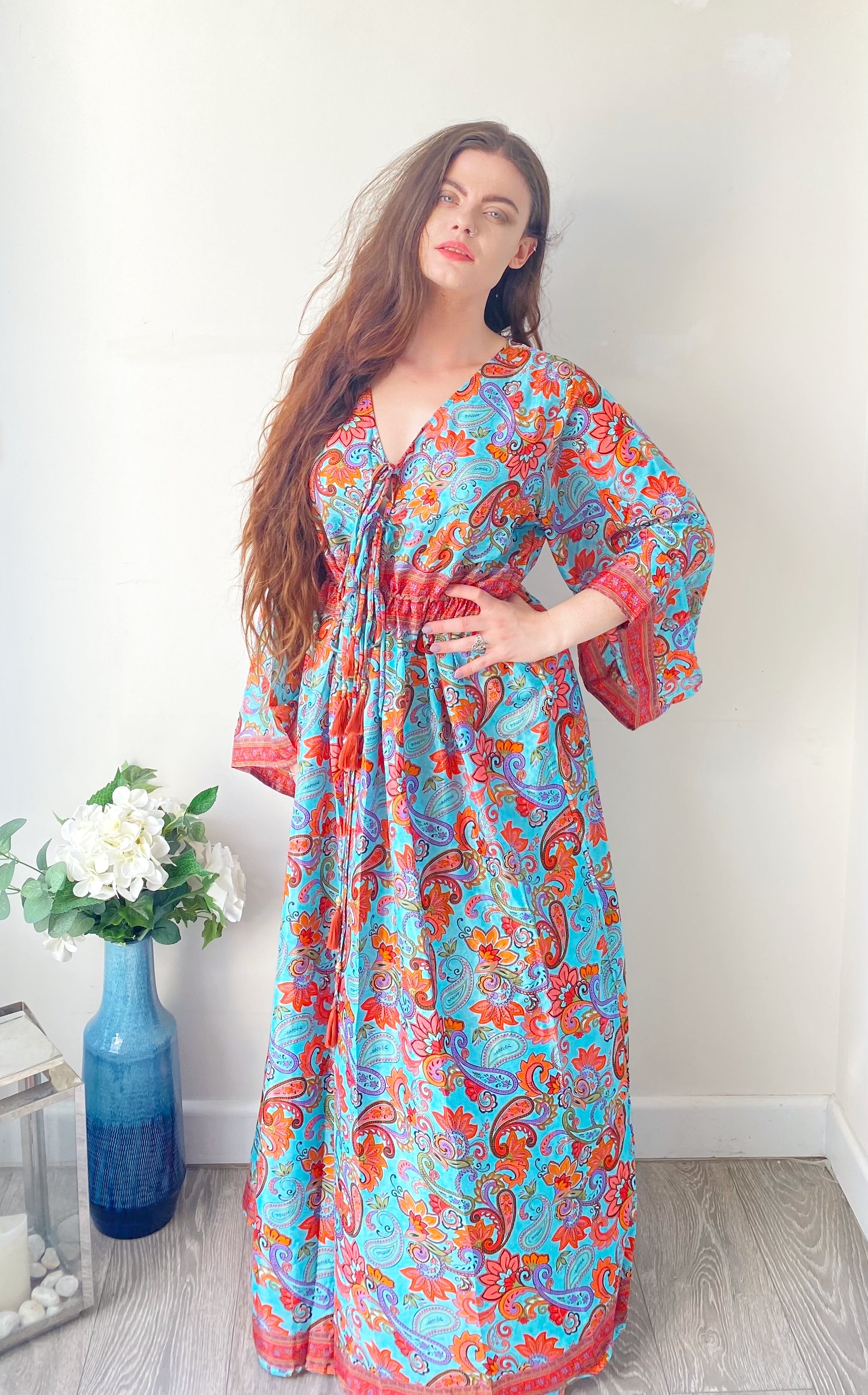 Nova blue red floral print silk maxi dress free size UK8-16DRESSES
