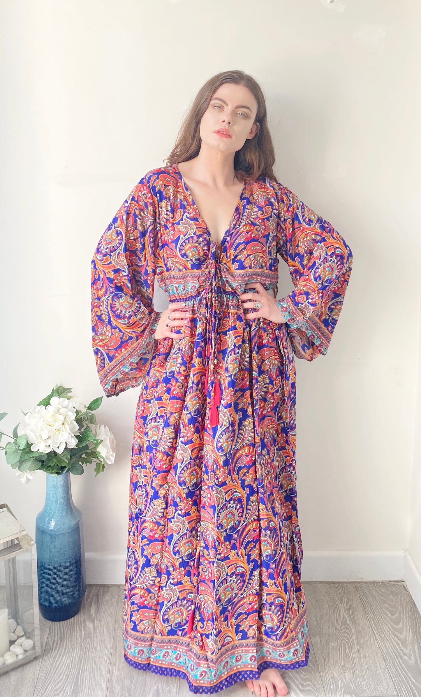 Nova navy red paisley-print silk maxi dress free size UK8-16DRESSES