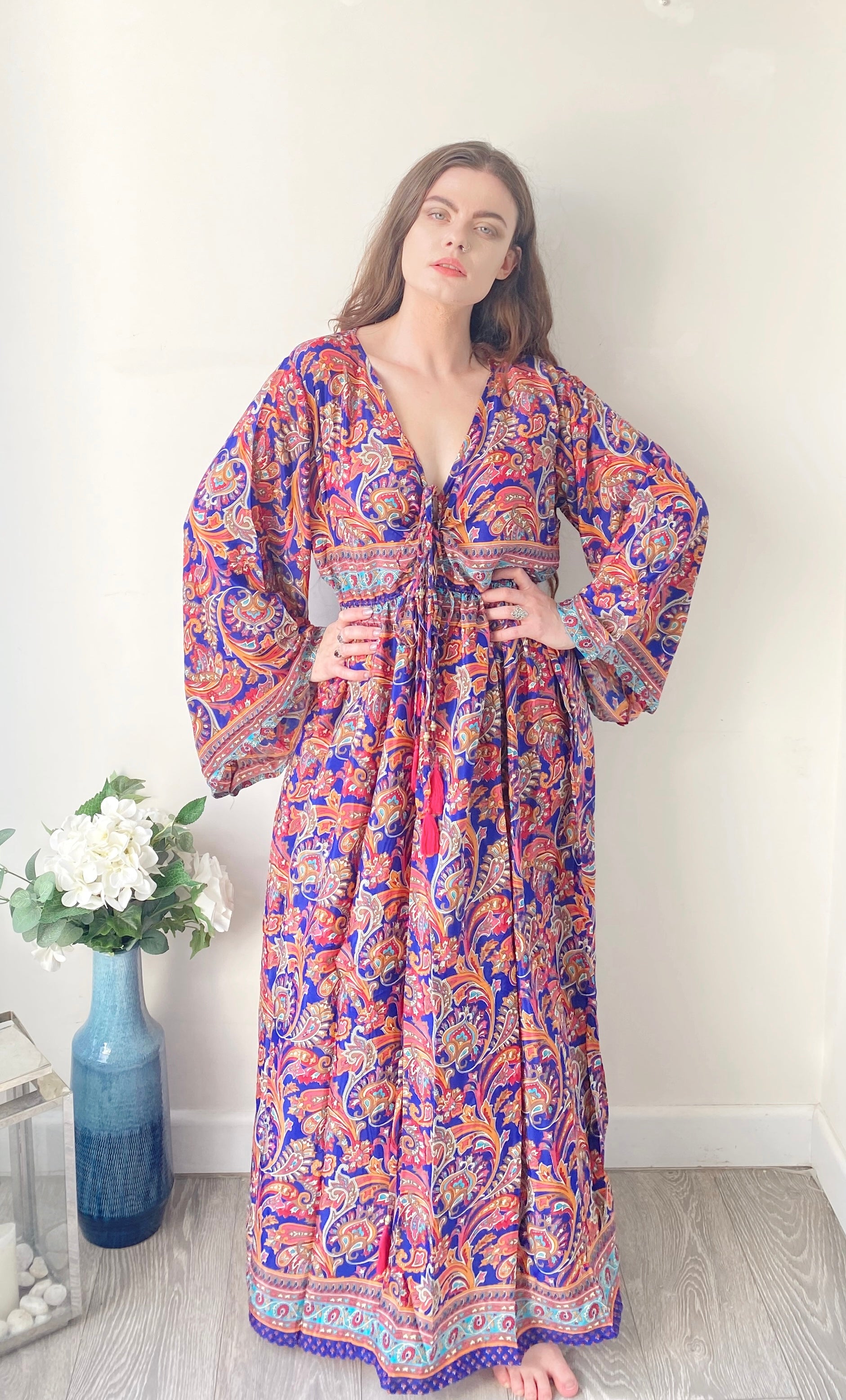 Nova navy red paisley-print silk maxi dress free size UK8-16DRESSES