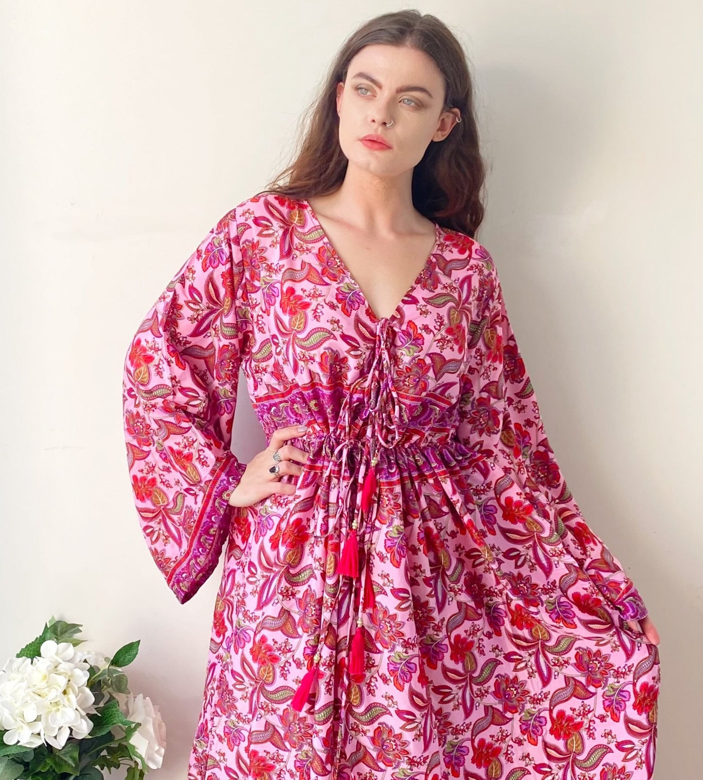 Nova pink floral-print silk maxi dress free size UK8-16