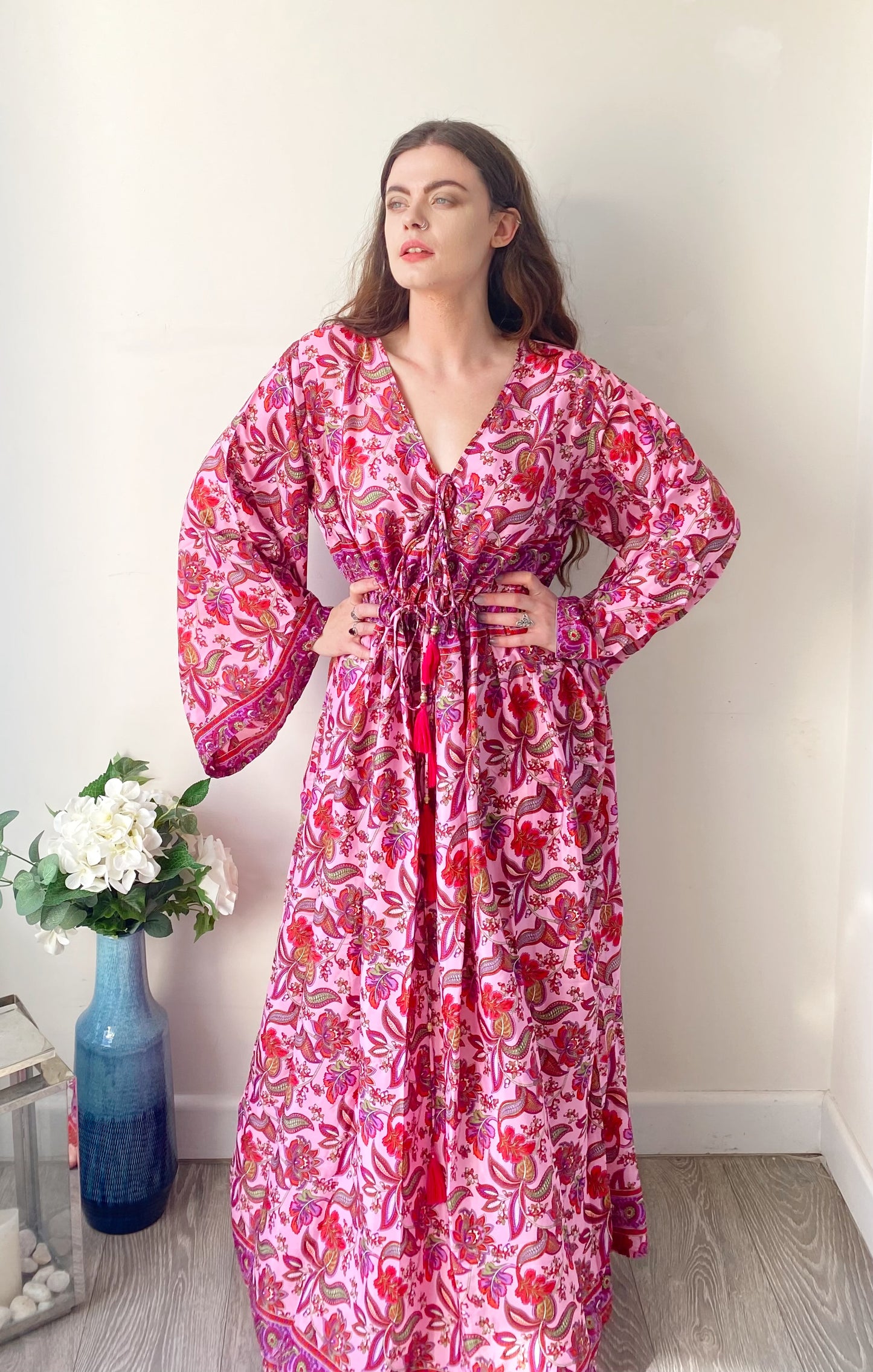Nova pink floral-print silk maxi dress free size UK8-16
