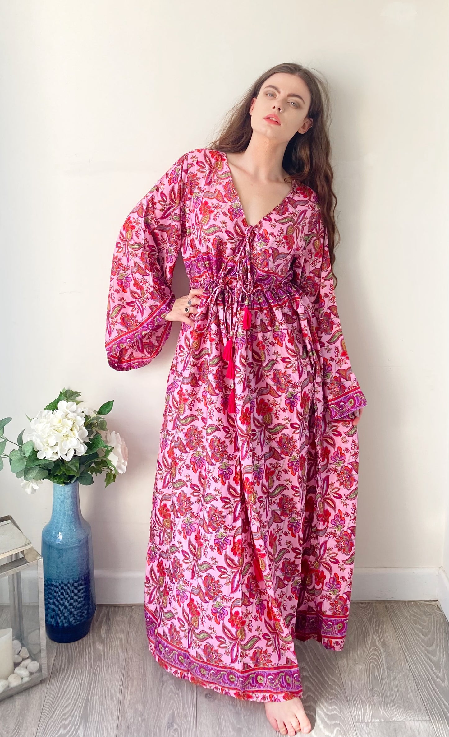 Nova pink floral-print silk maxi dress free size UK8-16