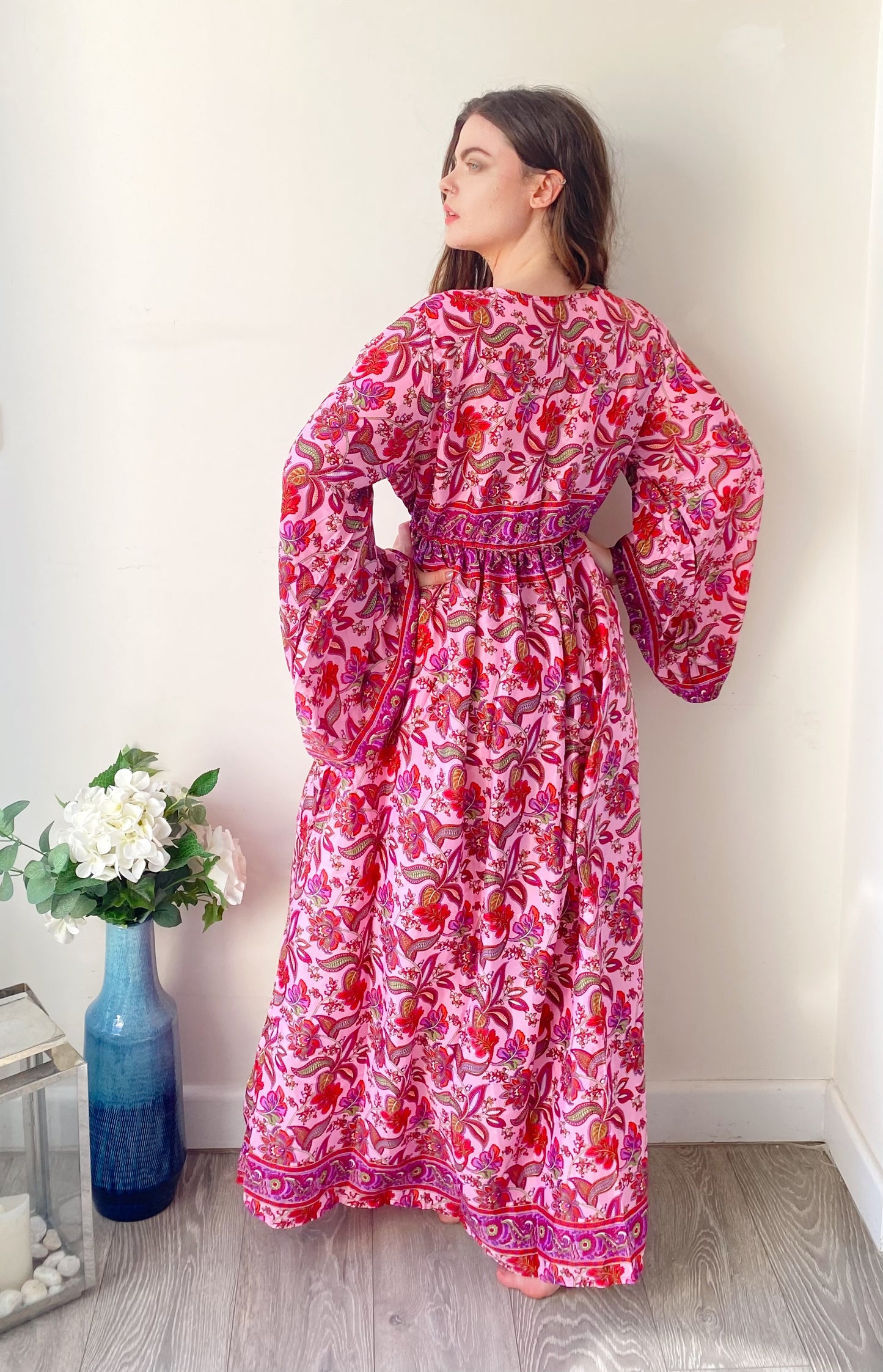 Nova pink floral-print silk maxi dress free size UK8-16
