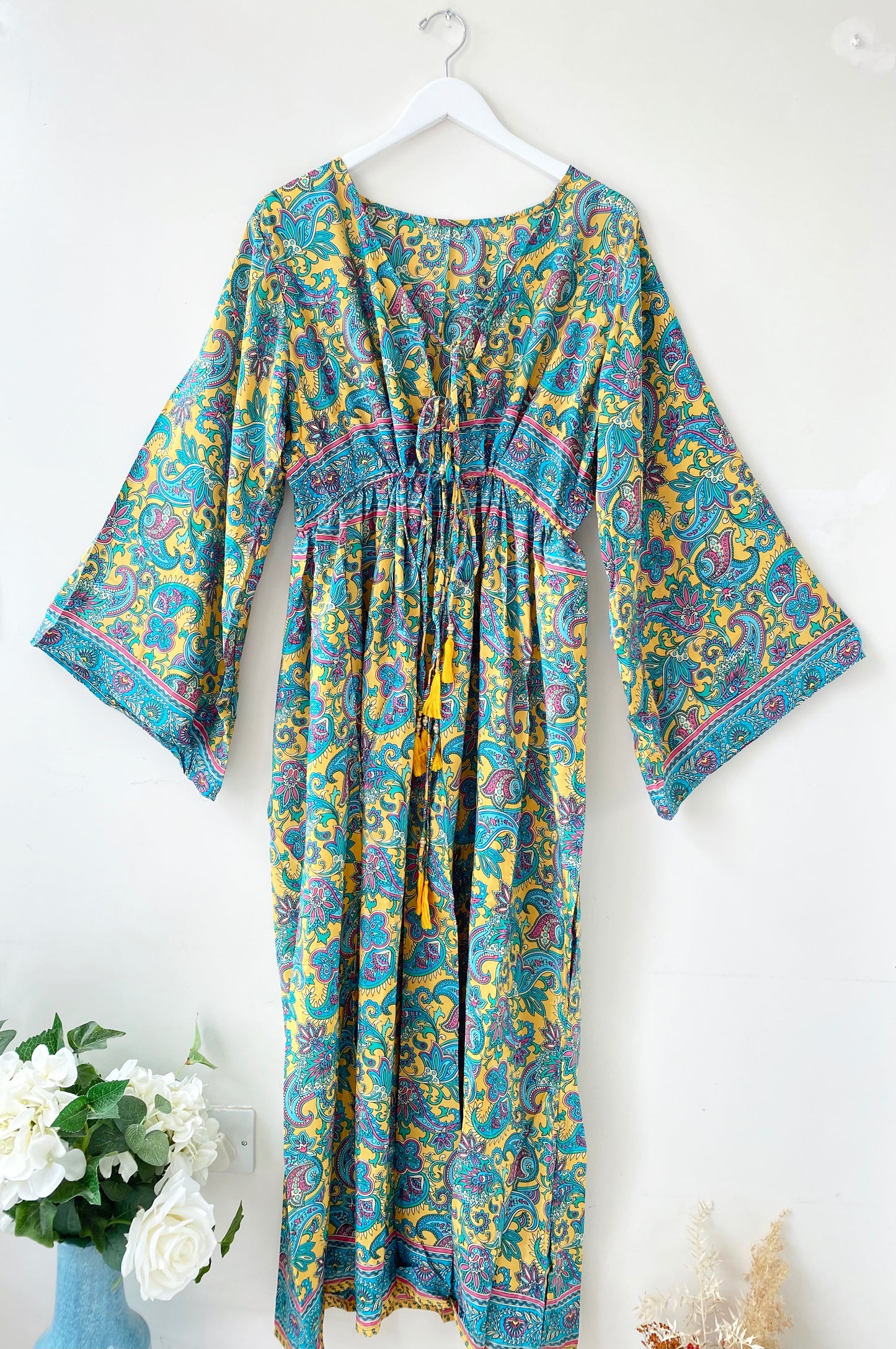 Nova yellow turquoise floral print silk maxi dress free size UK8-16