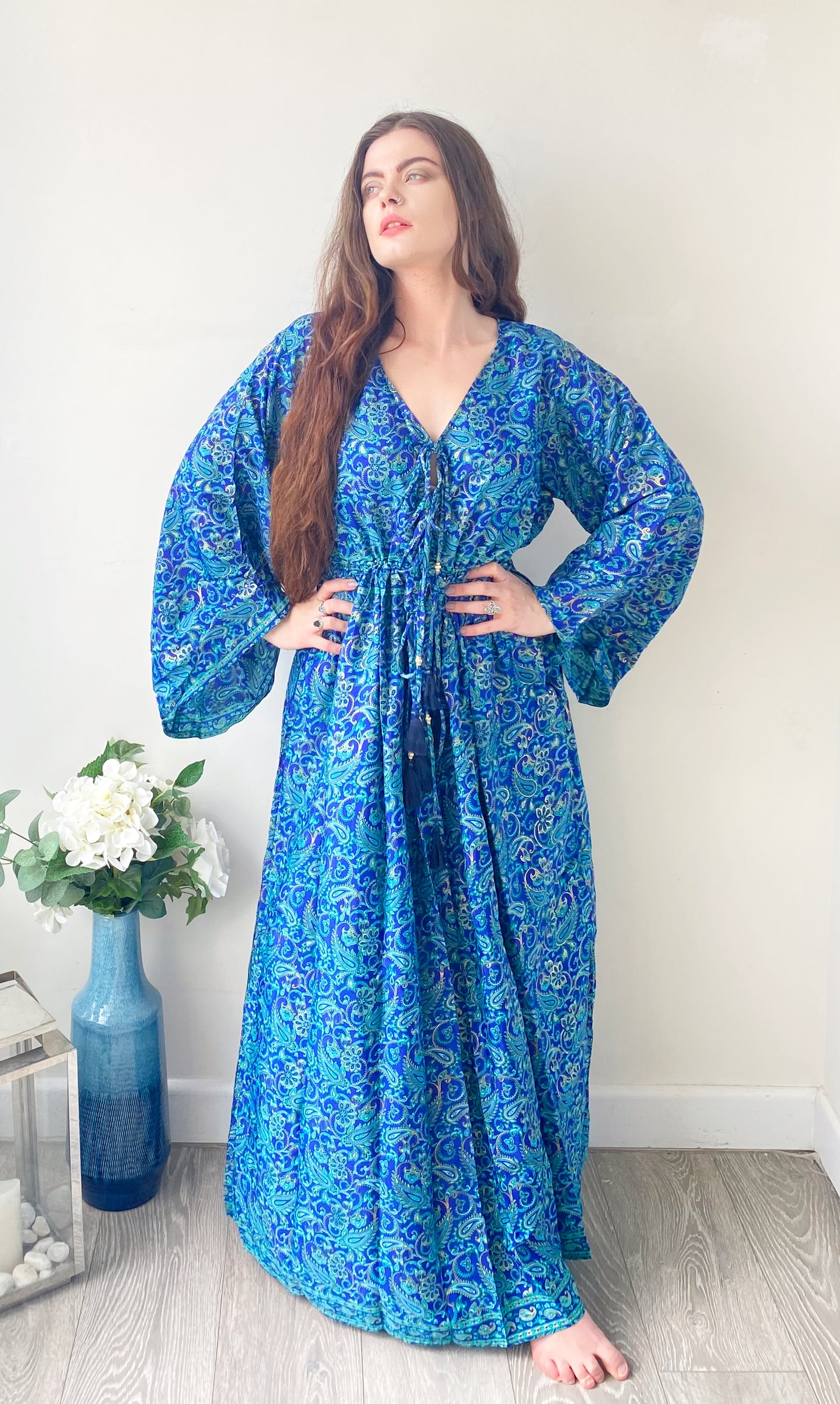Nova royal-blue paisley-print silk maxi dress free size UK8-16