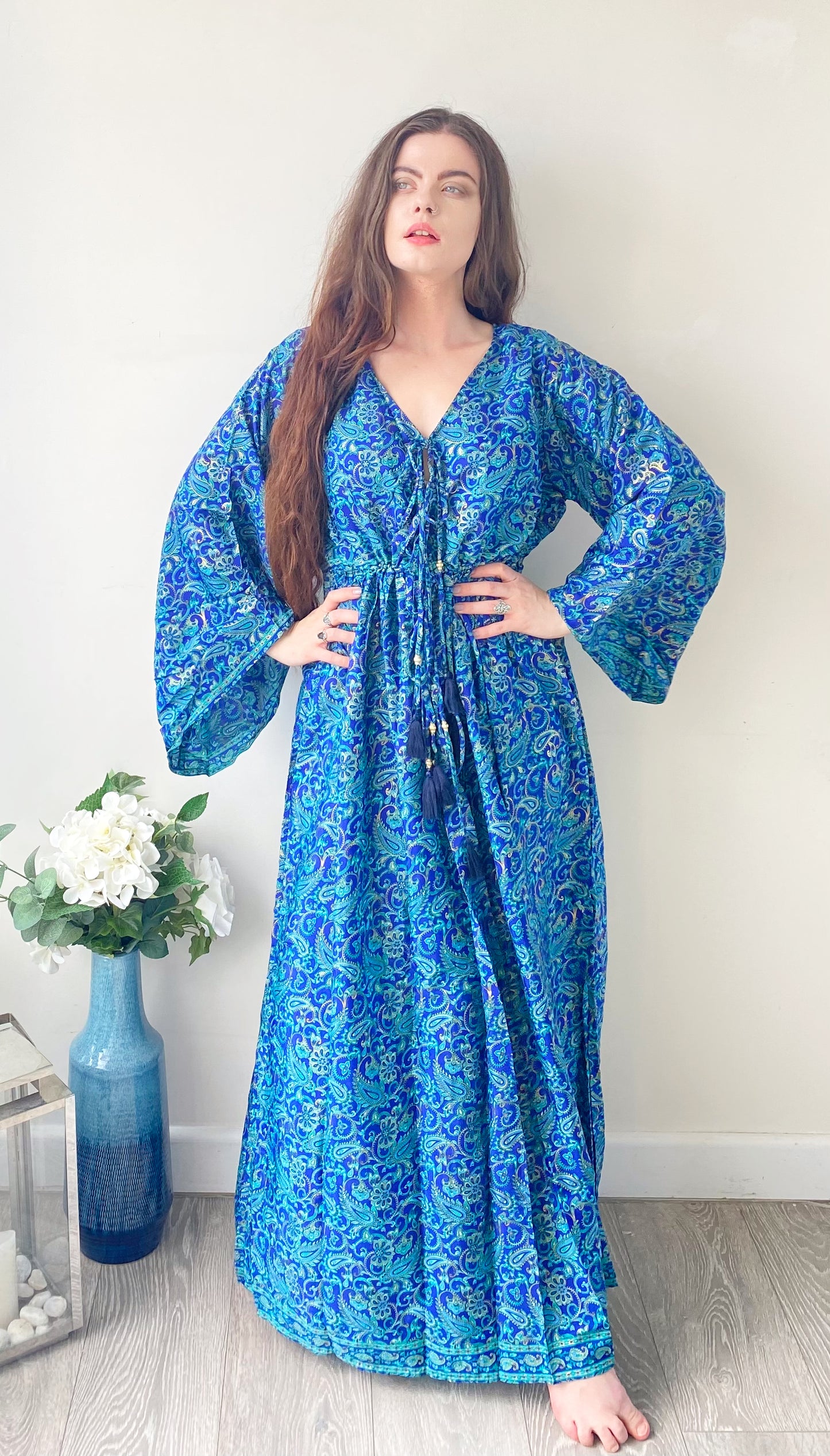 Nova royal-blue paisley-print silk maxi dress free size UK8-16