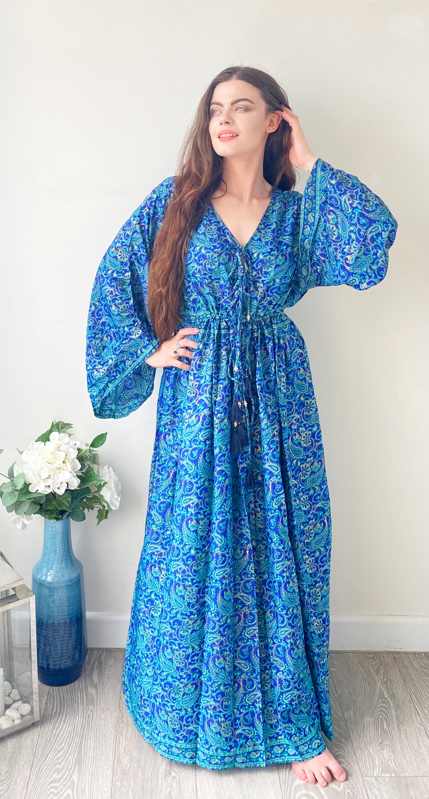 Nova royal-blue paisley-print silk maxi dress free size UK8-16