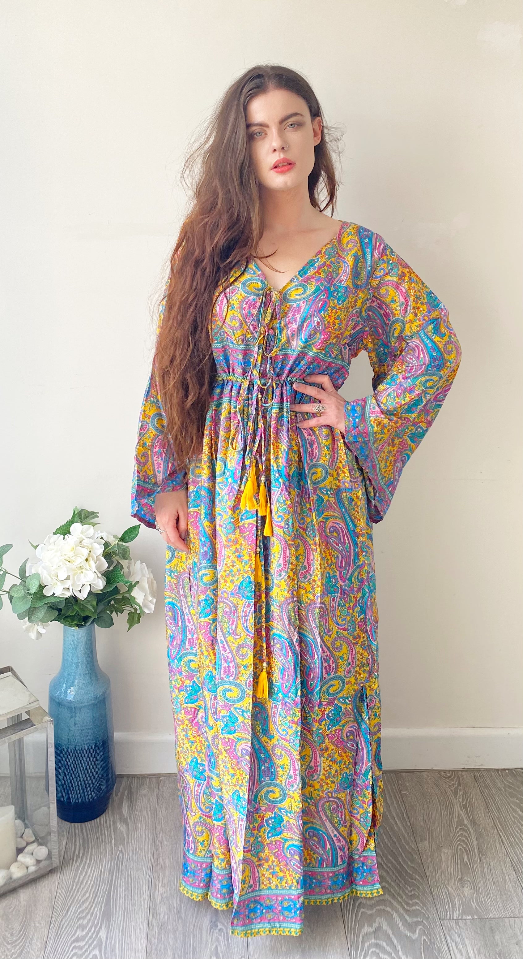 Nova lilac yellow blue paisley-print silk maxi dress free size UK8-16DRESSES