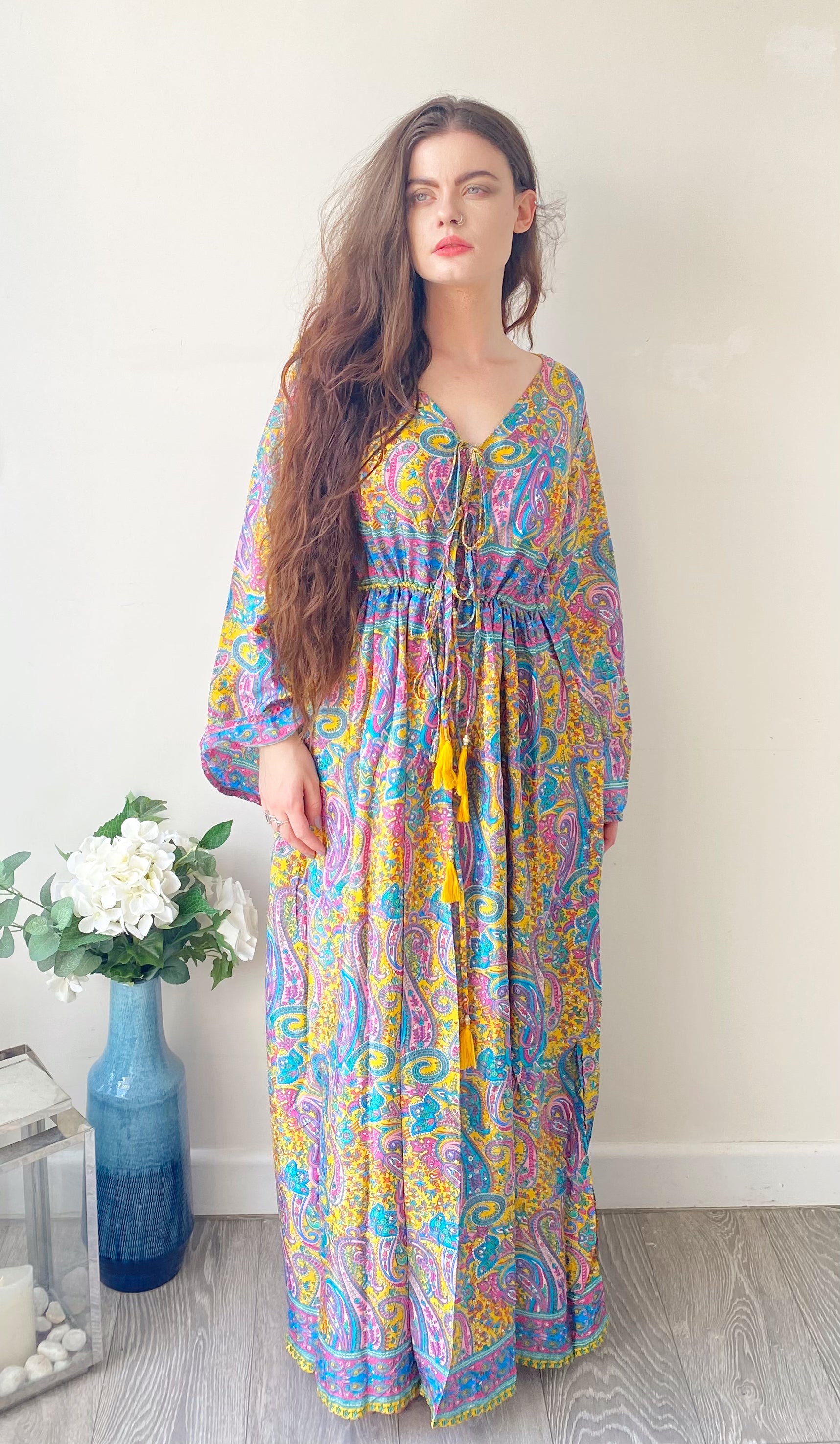 Nova lilac yellow blue paisley-print silk maxi dress free size UK8-16DRESSES