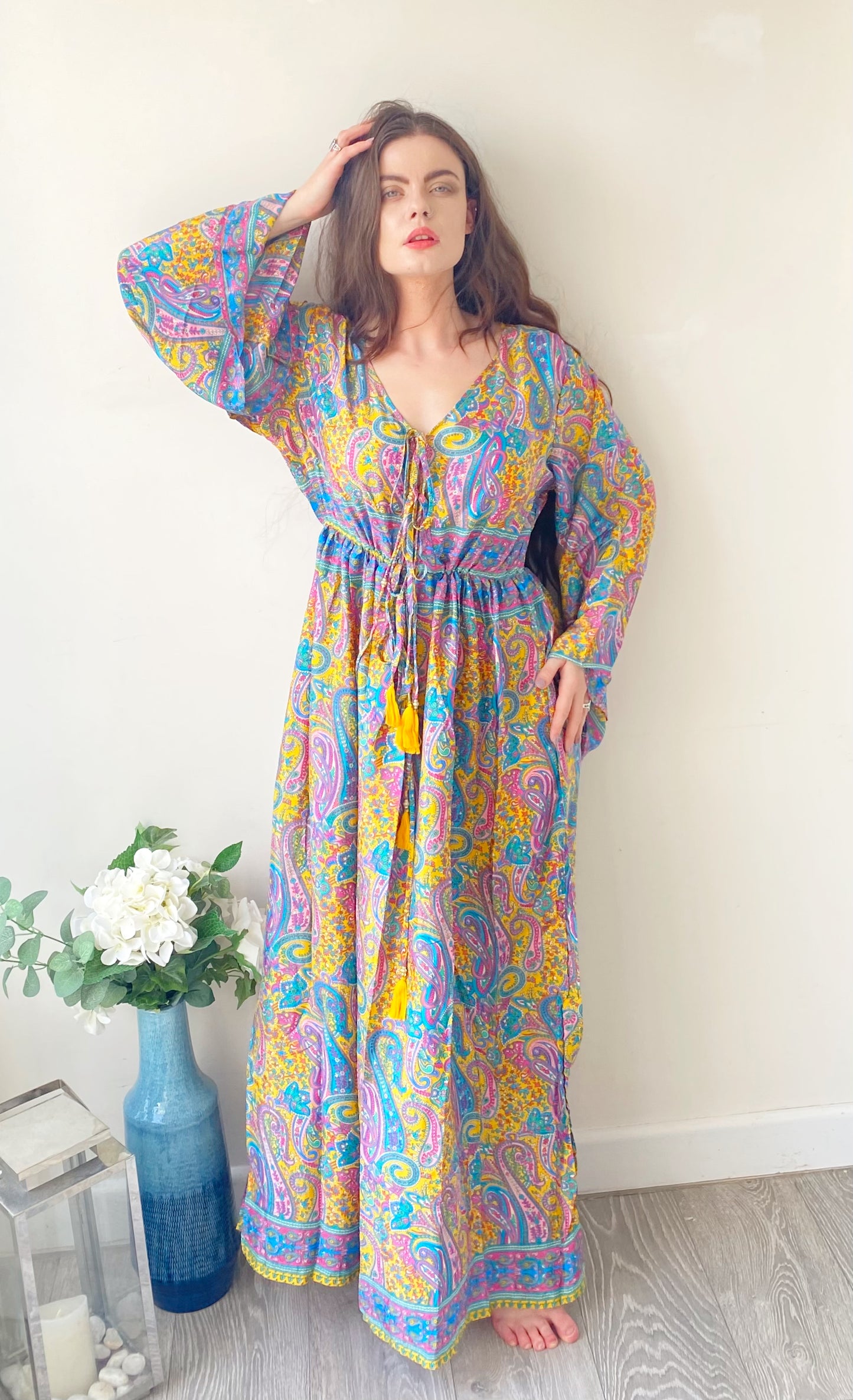 Nova lilac yellow blue paisley-print silk maxi dress free size UK8-16DRESSES