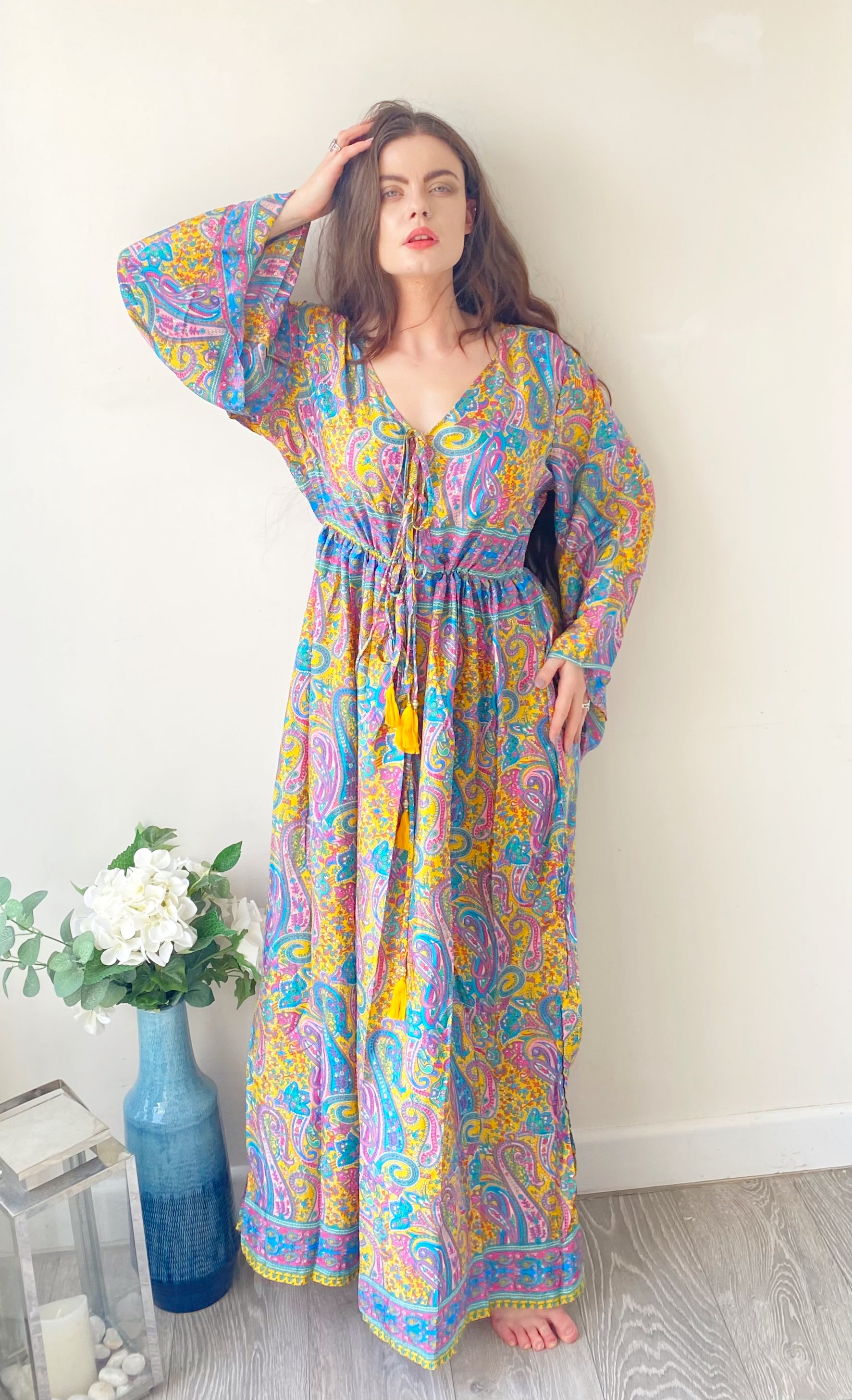 Nova lilac yellow blue paisley-print silk maxi dress free size UK8-16DRESSES