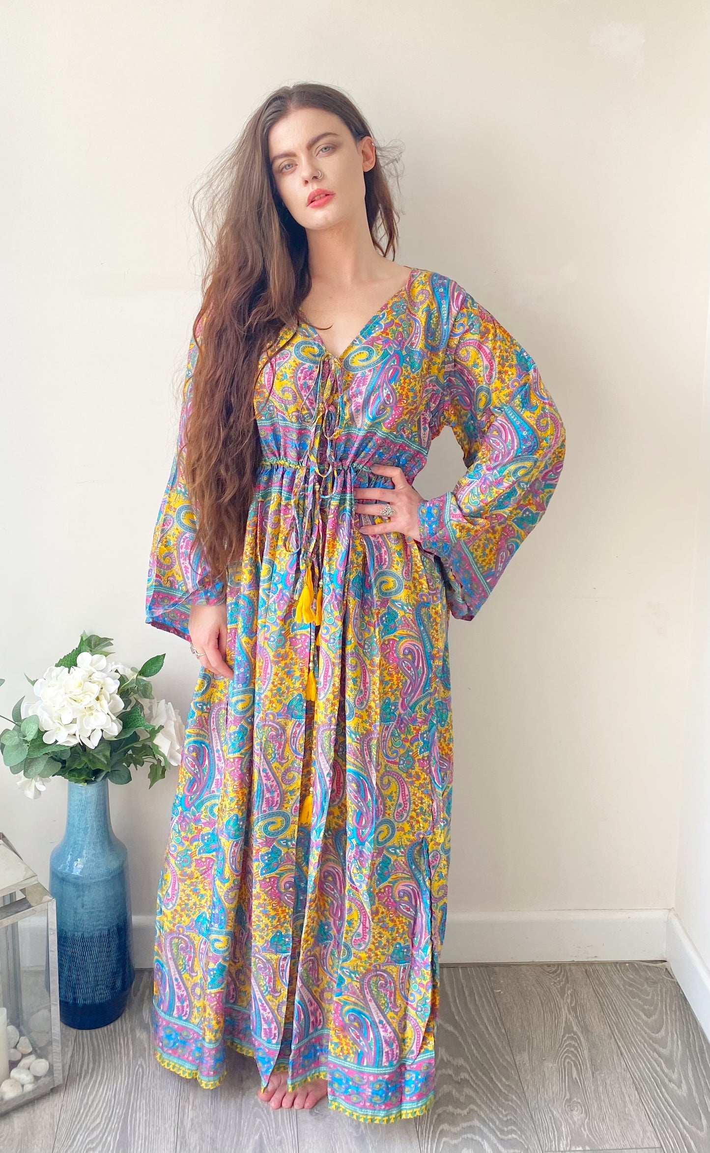 Nova lilac yellow blue paisley-print silk maxi dress free size UK8-16DRESSES