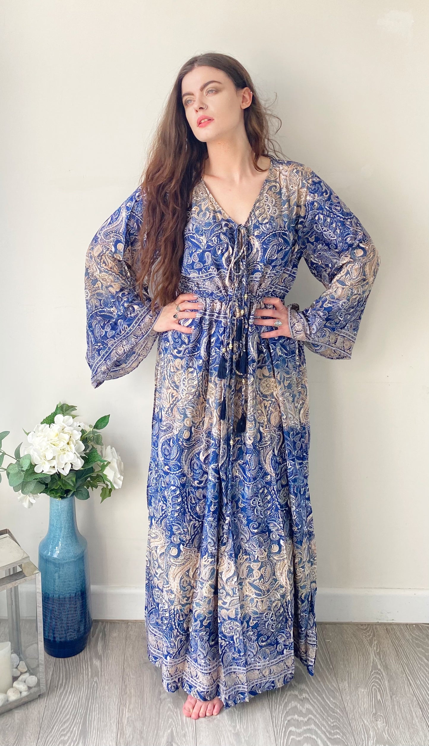Nova cream blue paisley-print silk maxi dress free size UK8-16
