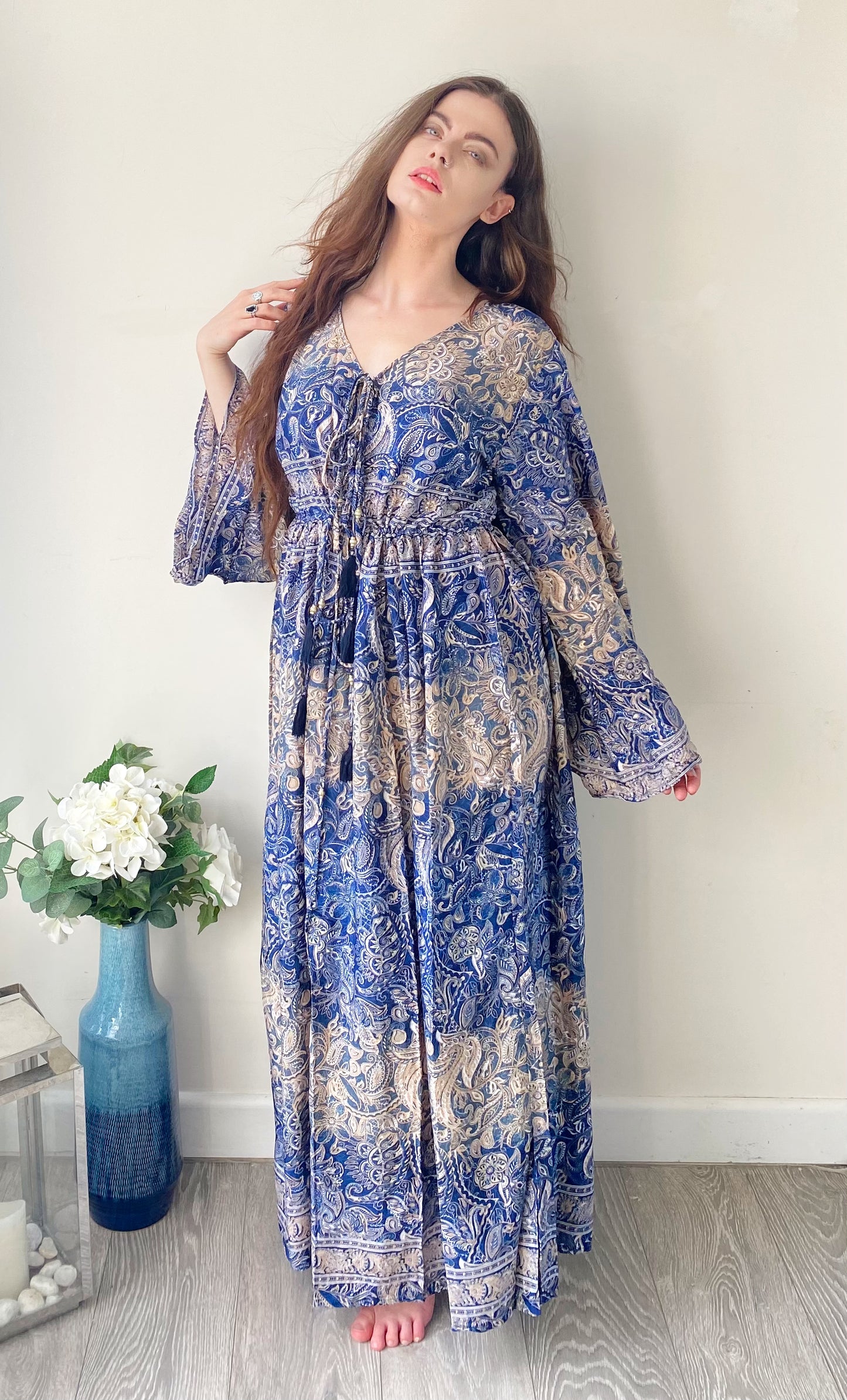 Nova cream blue paisley-print silk maxi dress free size UK8-16
